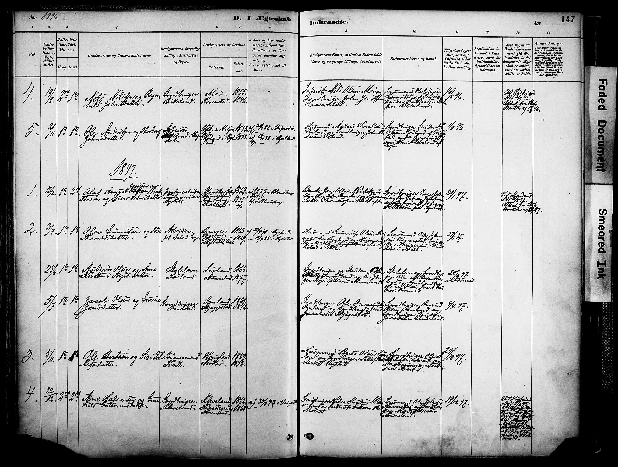 Evje sokneprestkontor, AV/SAK-1111-0008/F/Fa/Faa/L0007: Parish register (official) no. A 7, 1884-1909, p. 147