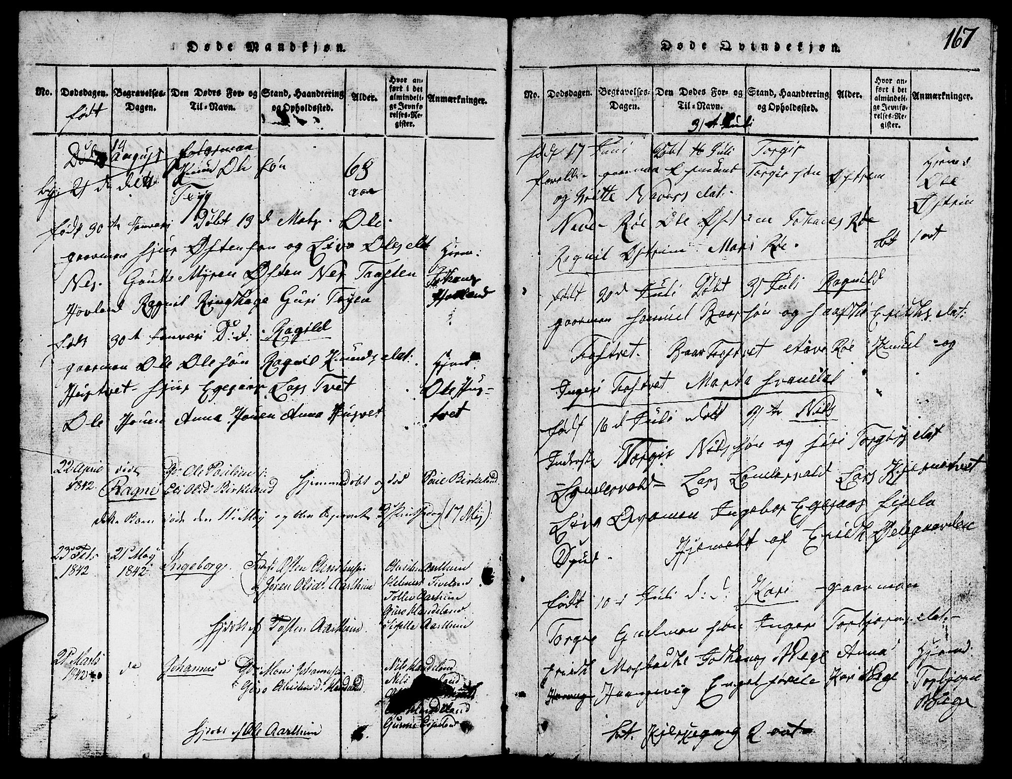 Suldal sokneprestkontor, SAST/A-101845/01/V/L0002: Parish register (copy) no. B 2, 1816-1845, p. 167