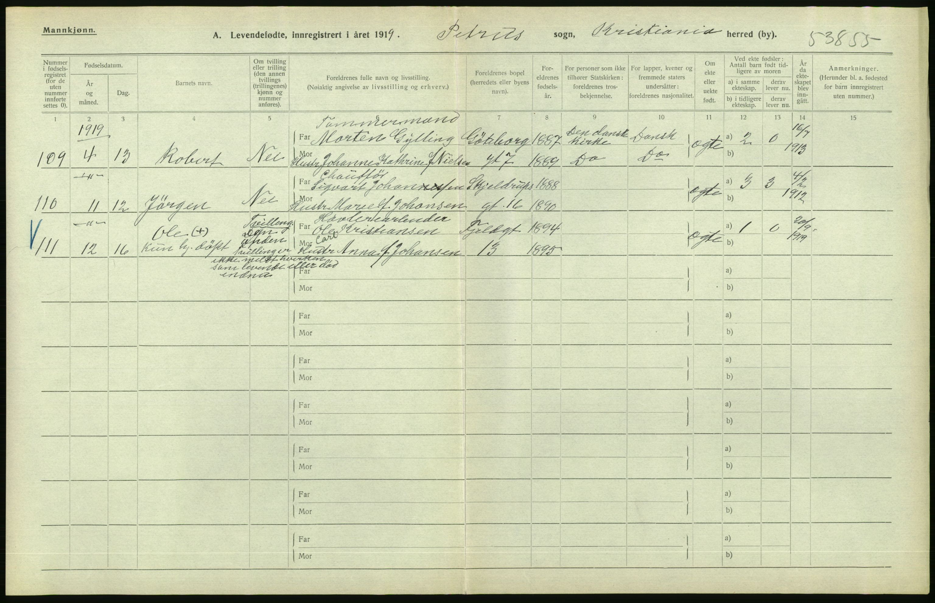 Statistisk sentralbyrå, Sosiodemografiske emner, Befolkning, AV/RA-S-2228/D/Df/Dfb/Dfbi/L0008: Kristiania: Levendefødte menn og kvinner., 1919