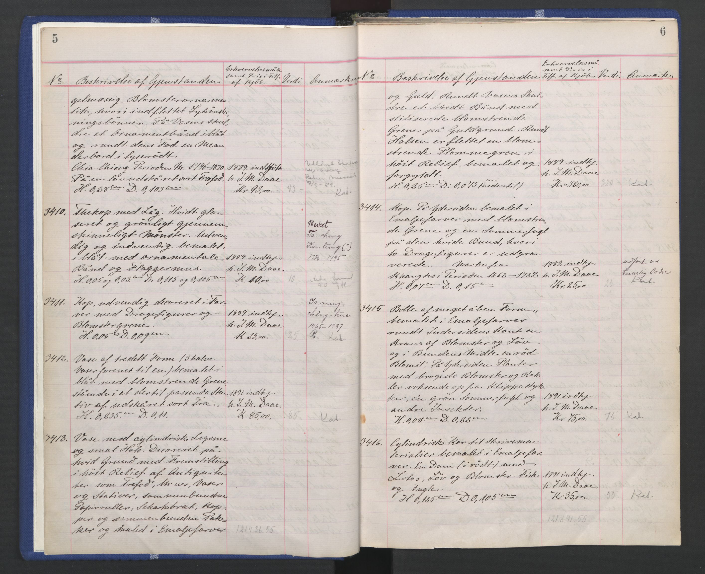 Kunstindustrimuseet i Oslo, NMFK/KIM-1001/A/Ae/L0003: Protokoll 3391-4609. Kunstindustrimuseets samlinger, 1889-1894, p. 7