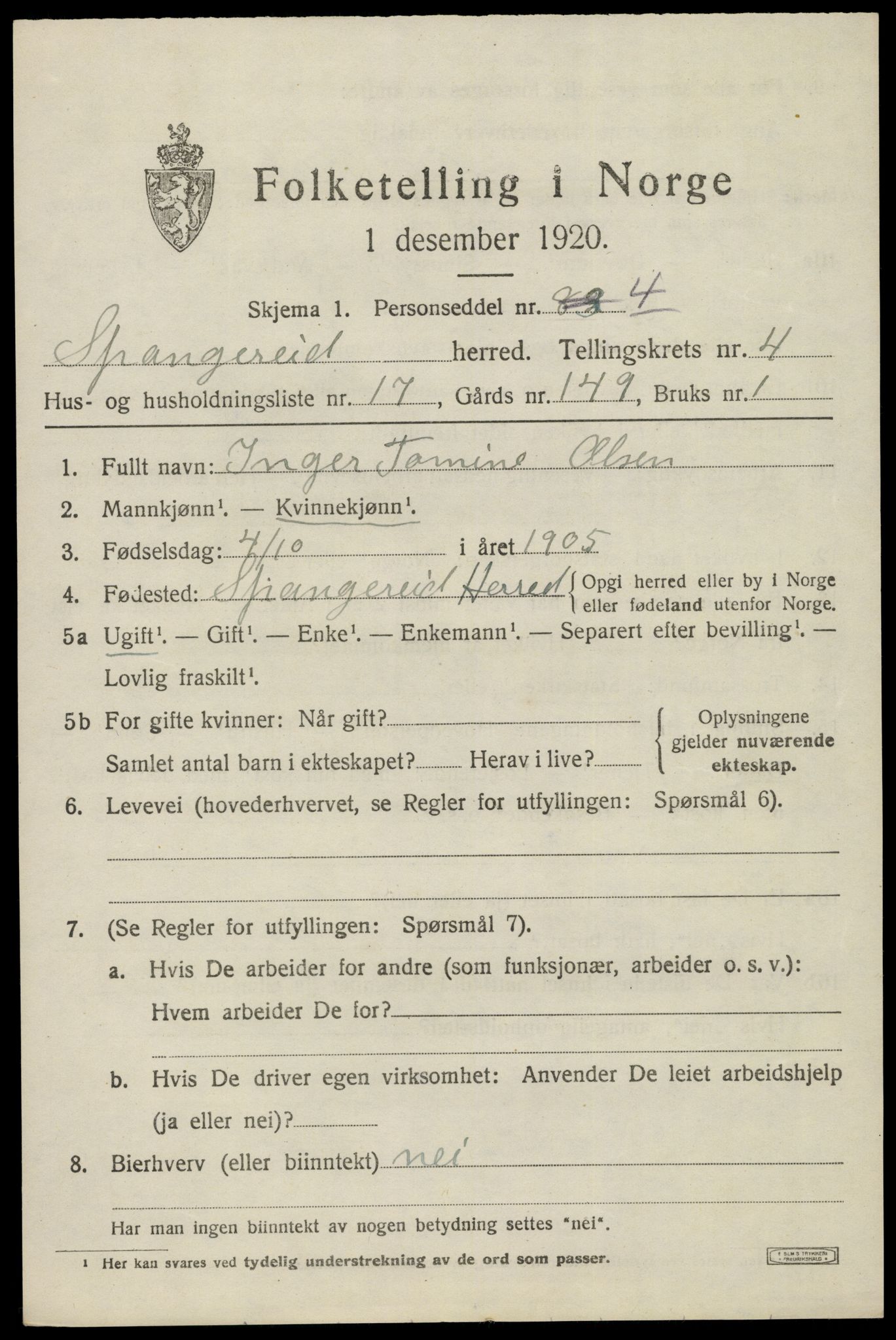 SAK, 1920 census for Spangereid, 1920, p. 1683