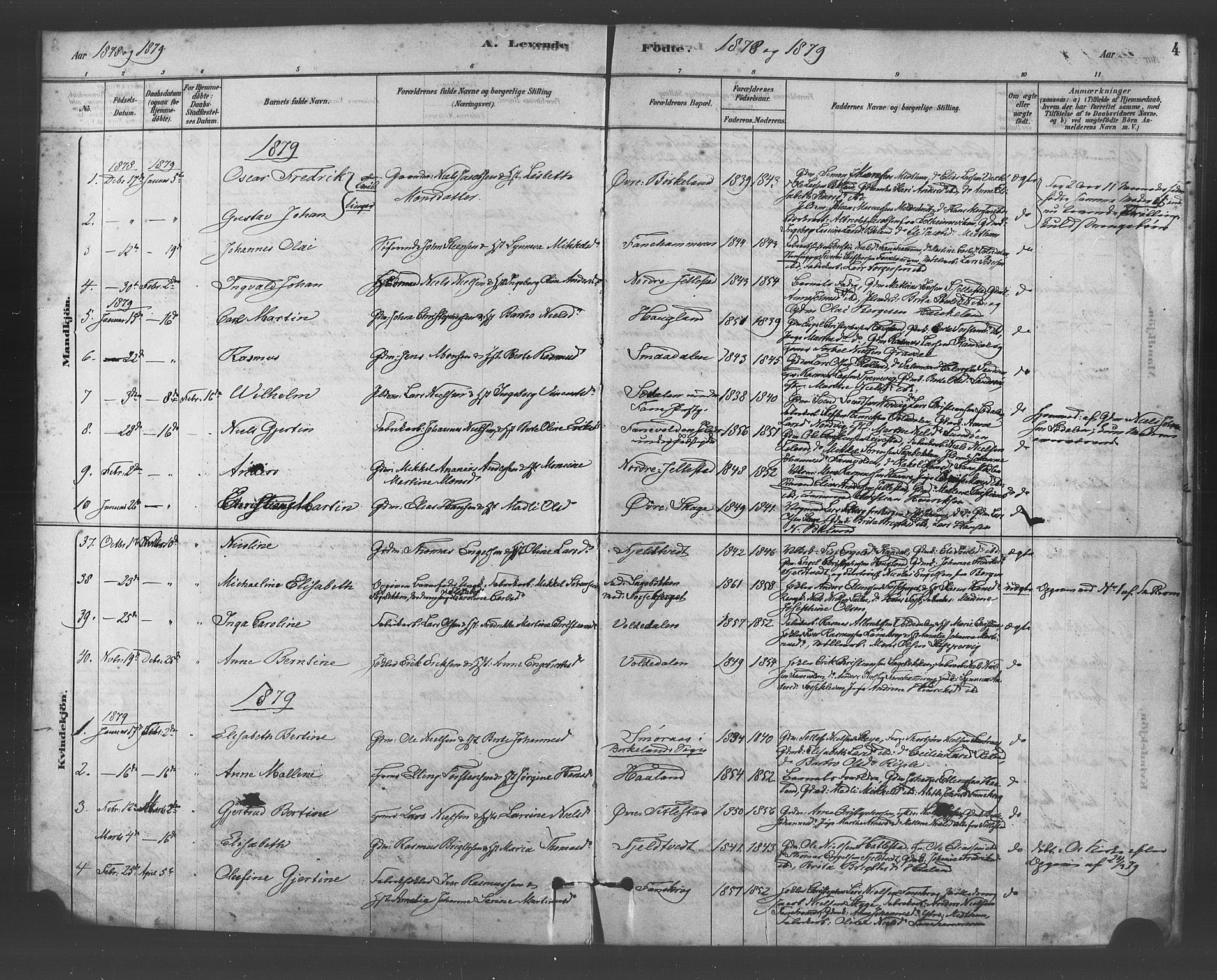 Fana Sokneprestembete, AV/SAB-A-75101/H/Haa/Haab/L0001: Parish register (official) no. B 1, 1878-1889, p. 4