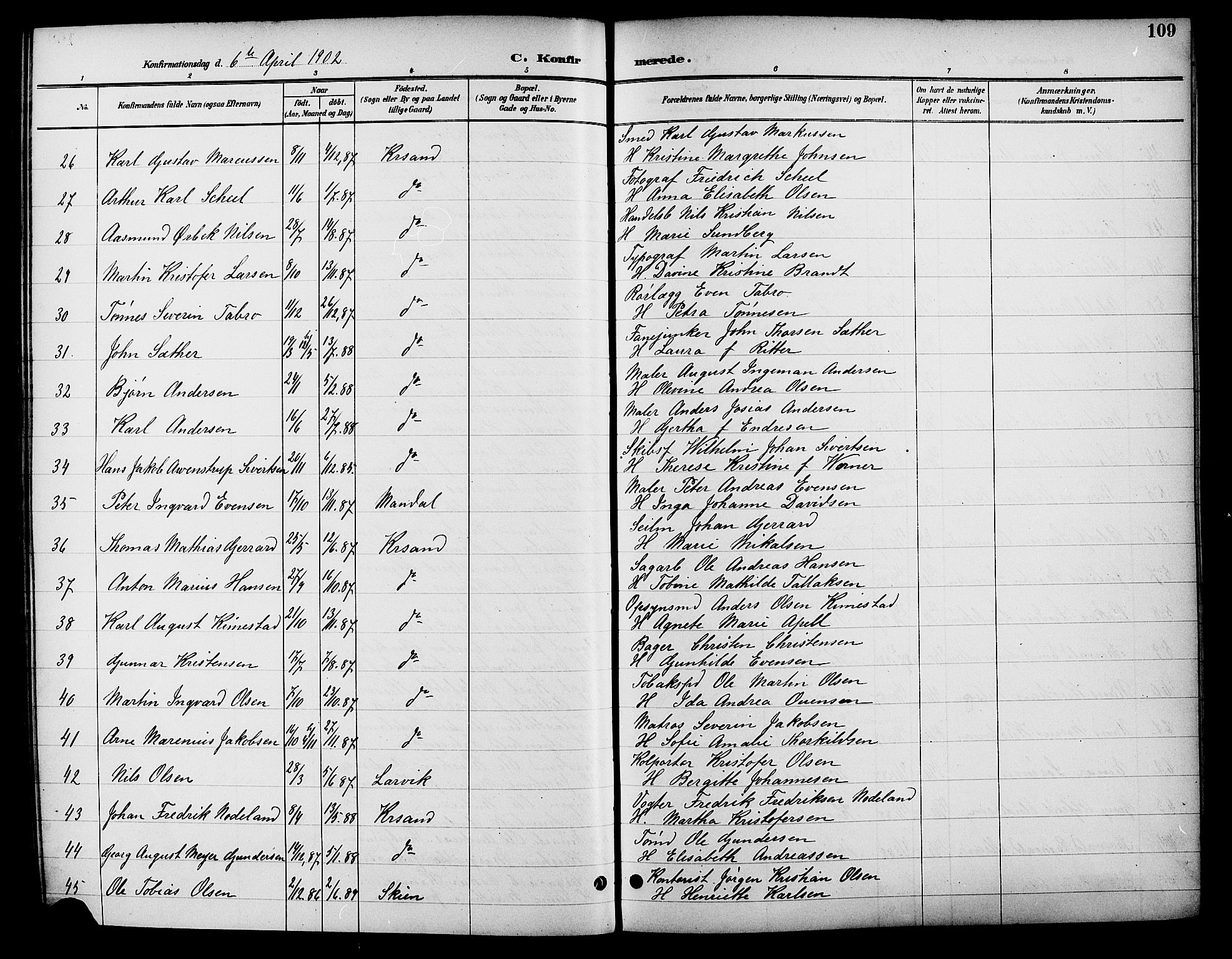 Kristiansand domprosti, SAK/1112-0006/F/Fb/L0017: Parish register (copy) no. B 17, 1893-1906, p. 109