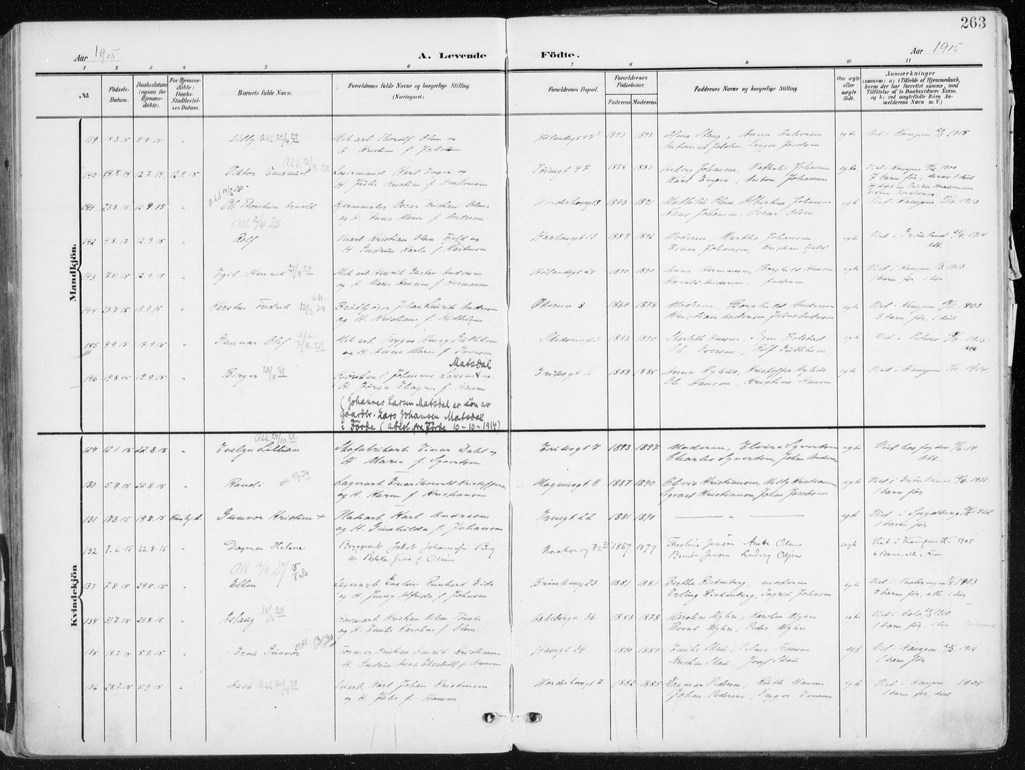 Kampen prestekontor Kirkebøker, AV/SAO-A-10853/F/Fa/L0010: Parish register (official) no. I 10, 1905-1917, p. 263
