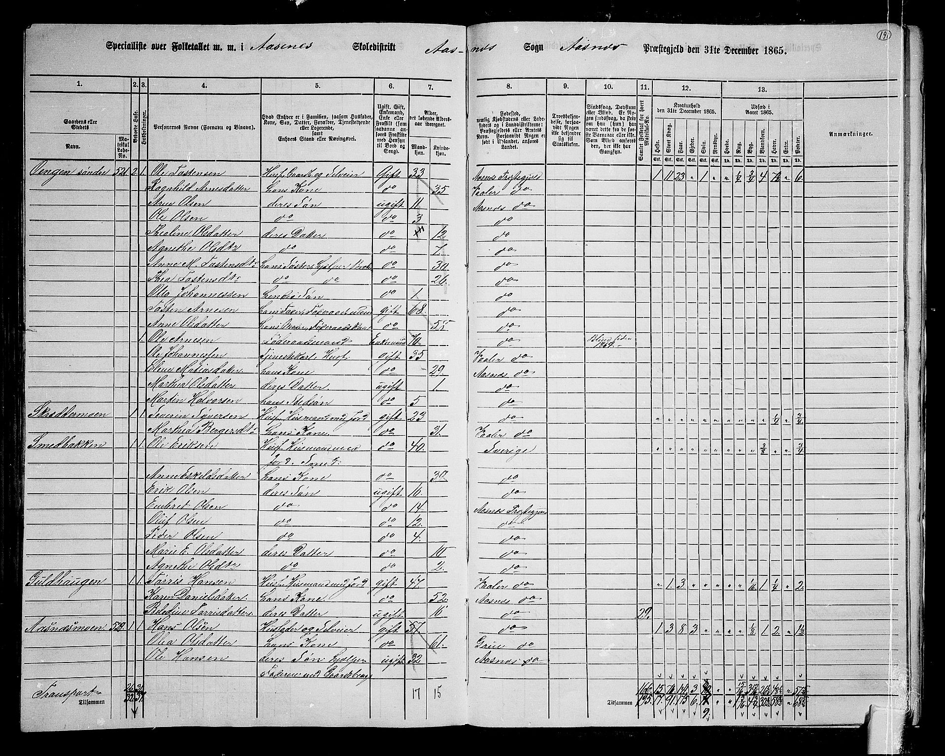 RA, 1865 census for Åsnes, 1865, p. 175