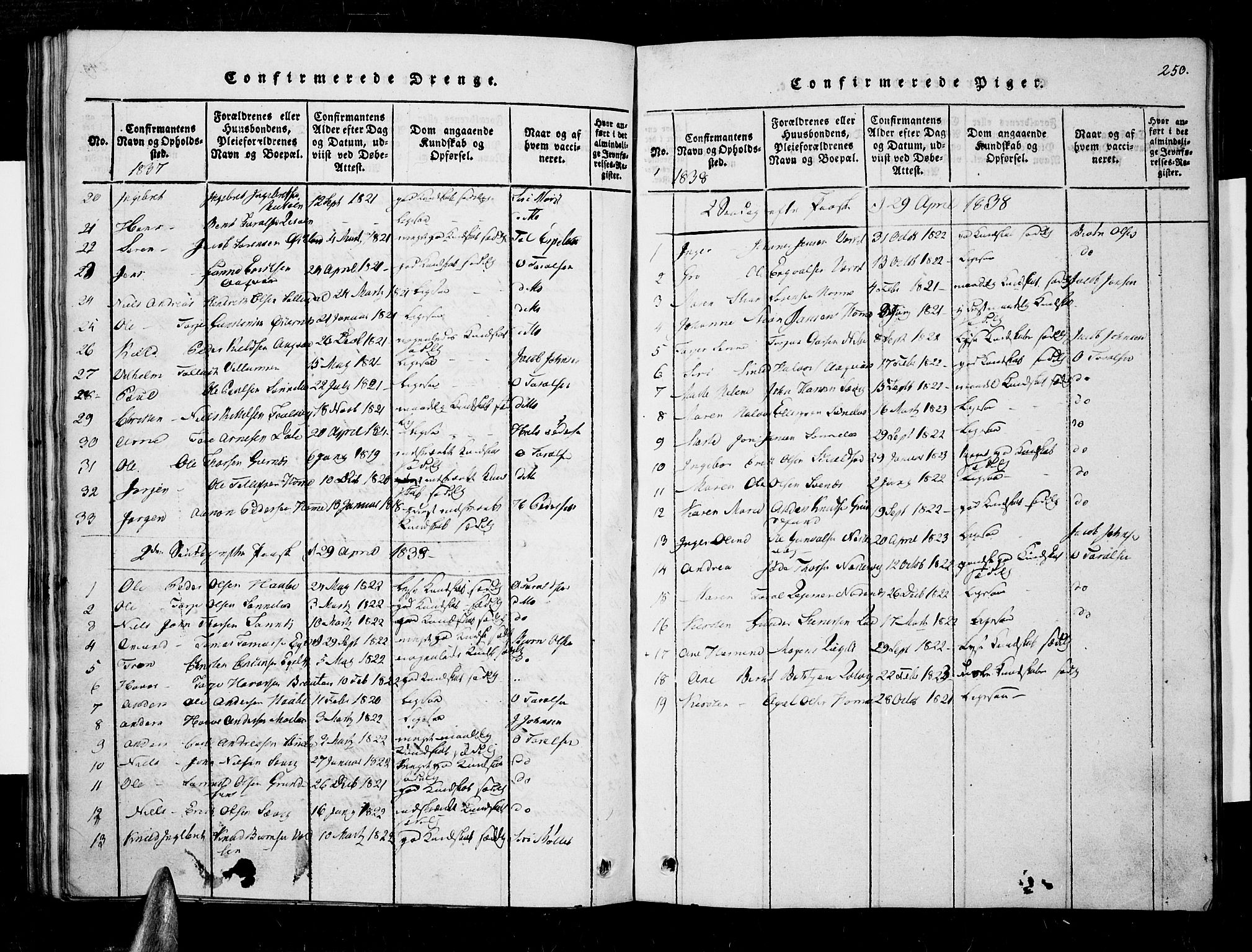 Søndeled sokneprestkontor, AV/SAK-1111-0038/F/Fa/L0001: Parish register (official) no. A 1, 1816-1838, p. 250