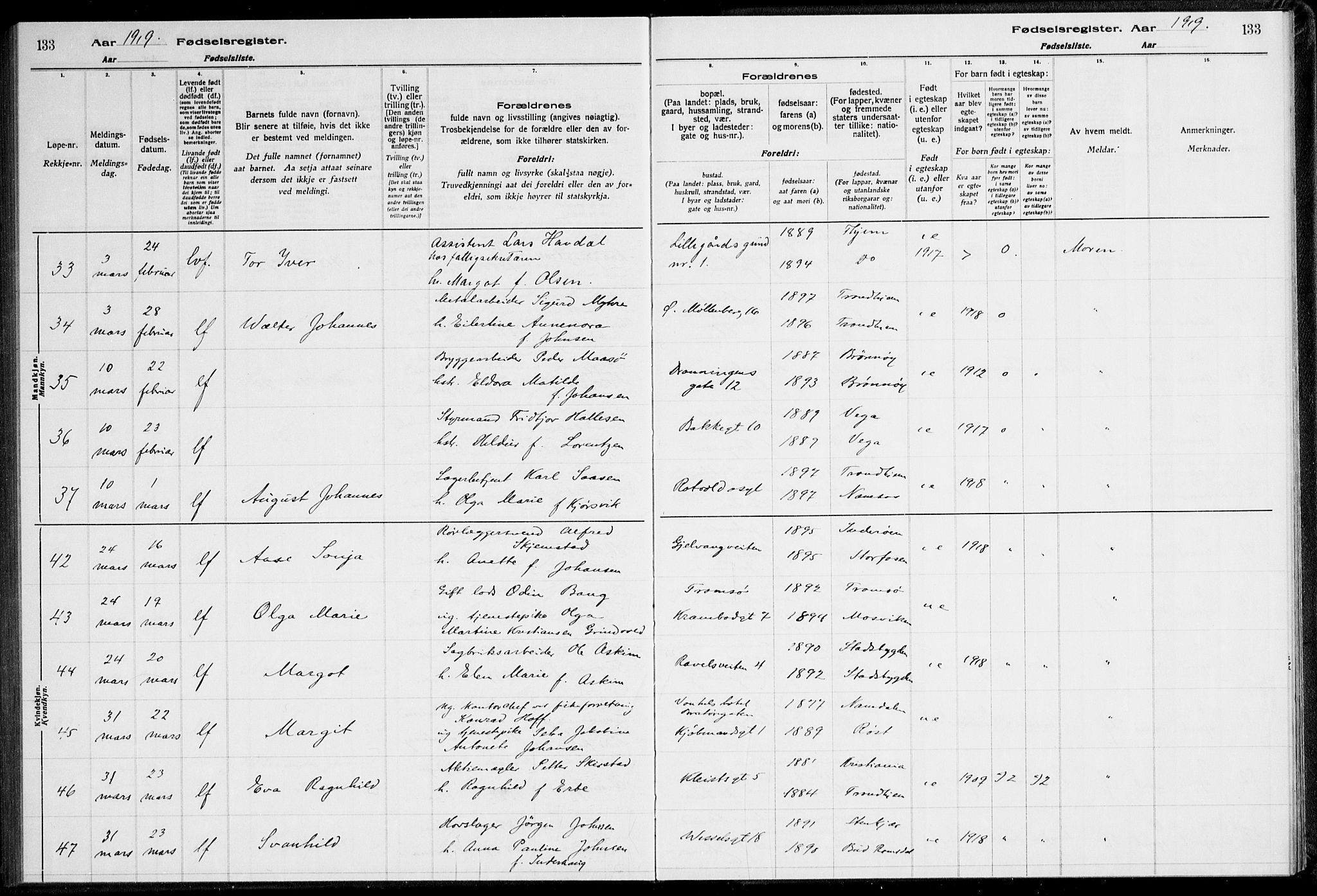 Ministerialprotokoller, klokkerbøker og fødselsregistre - Sør-Trøndelag, AV/SAT-A-1456/600/L0002: Birth register no. 600.II.4.1, 1916-1920, p. 133