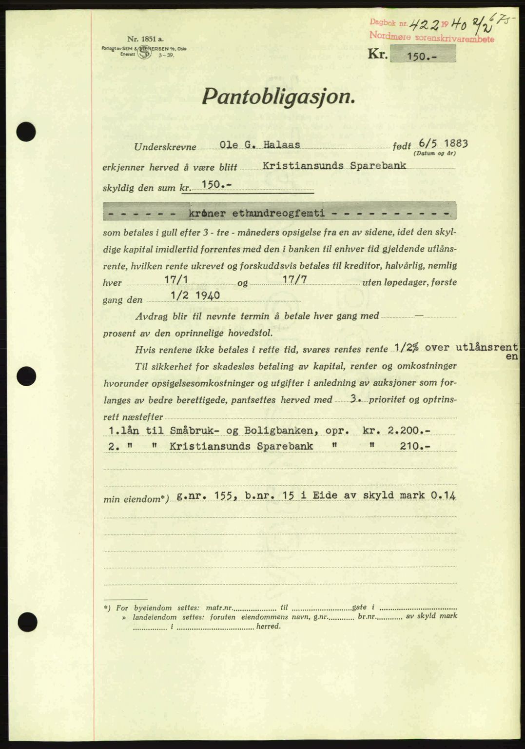 Nordmøre sorenskriveri, AV/SAT-A-4132/1/2/2Ca: Mortgage book no. B86, 1939-1940, Diary no: : 422/1940