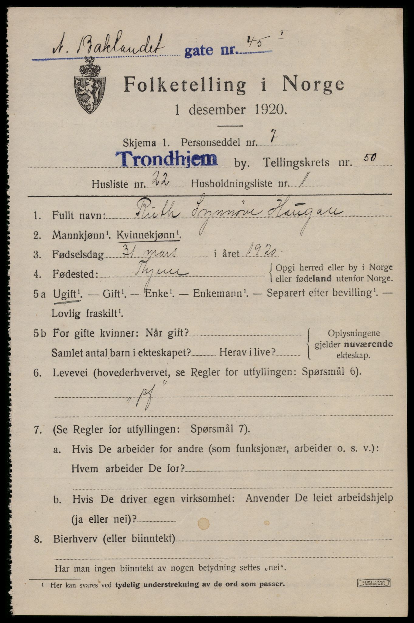 SAT, 1920 census for Trondheim, 1920, p. 101864