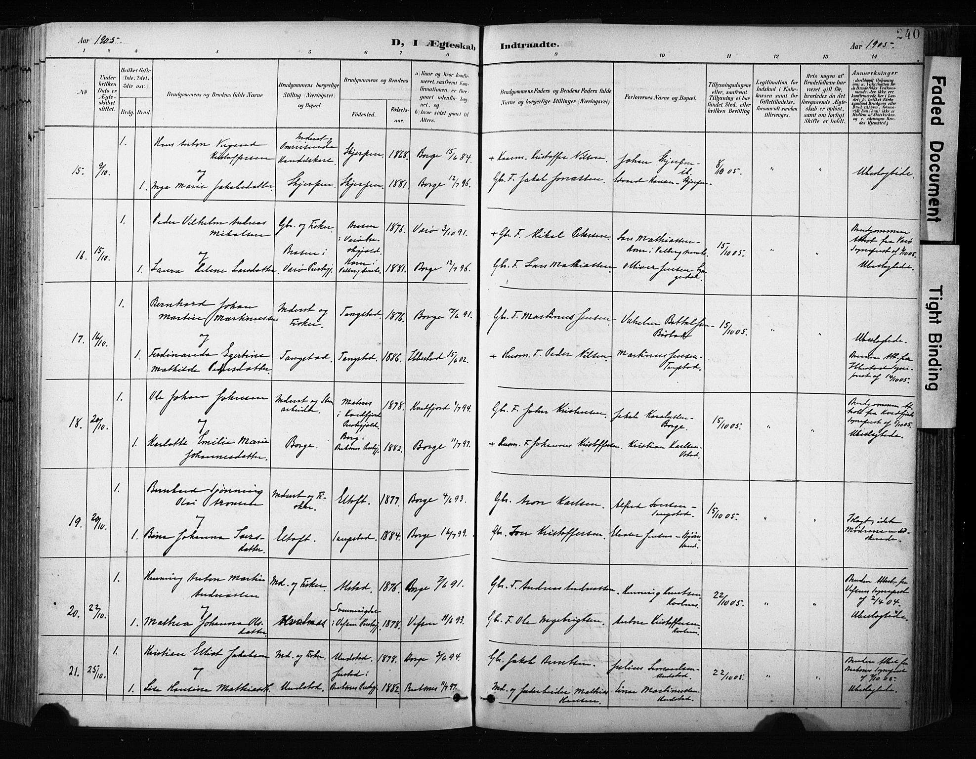 Ministerialprotokoller, klokkerbøker og fødselsregistre - Nordland, AV/SAT-A-1459/880/L1134: Parish register (official) no. 880A08, 1899-1908, p. 240