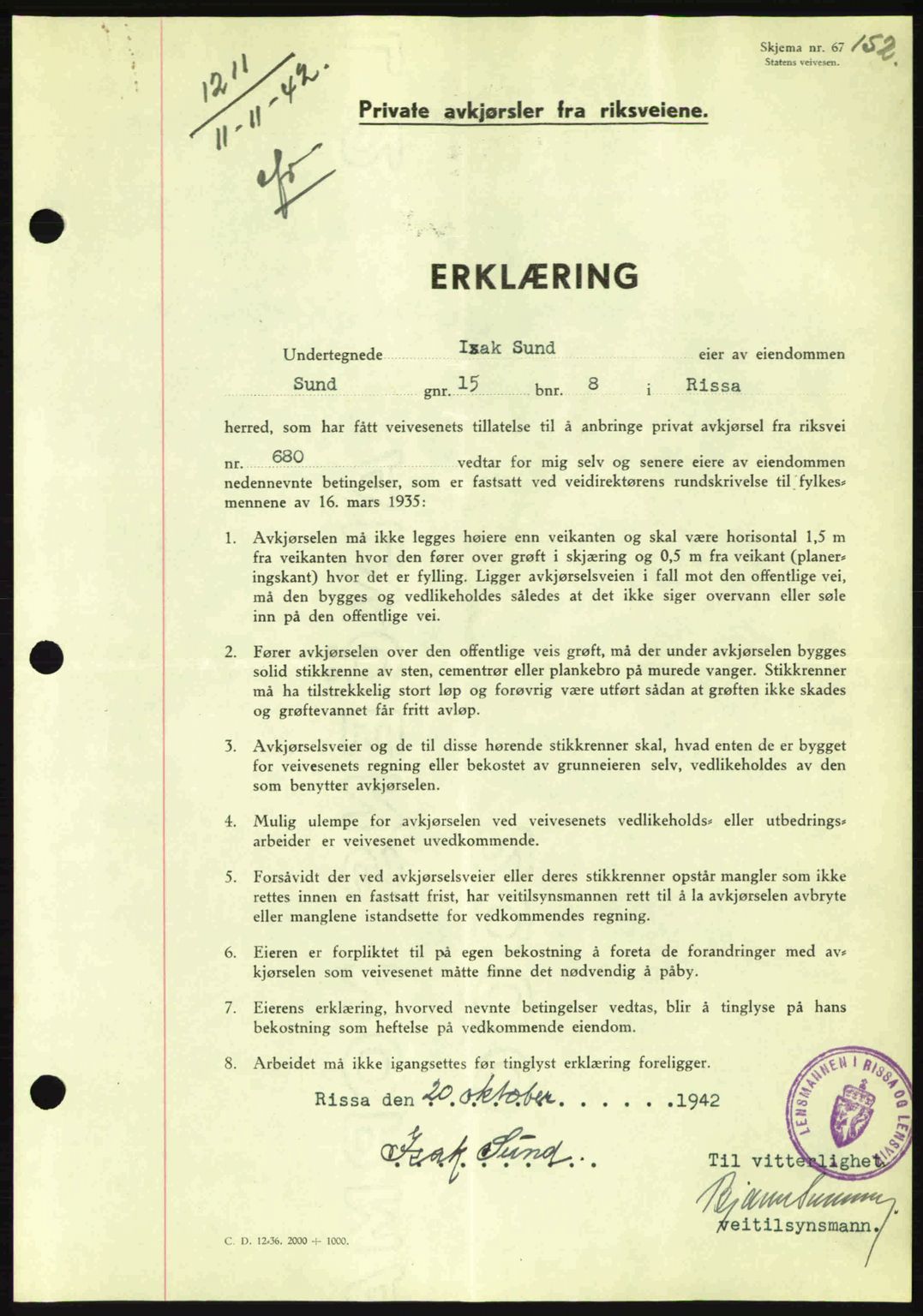 Fosen sorenskriveri, AV/SAT-A-1107/1/2/2C: Mortgage book no. A2, 1942-1943, Diary no: : 1211/1942