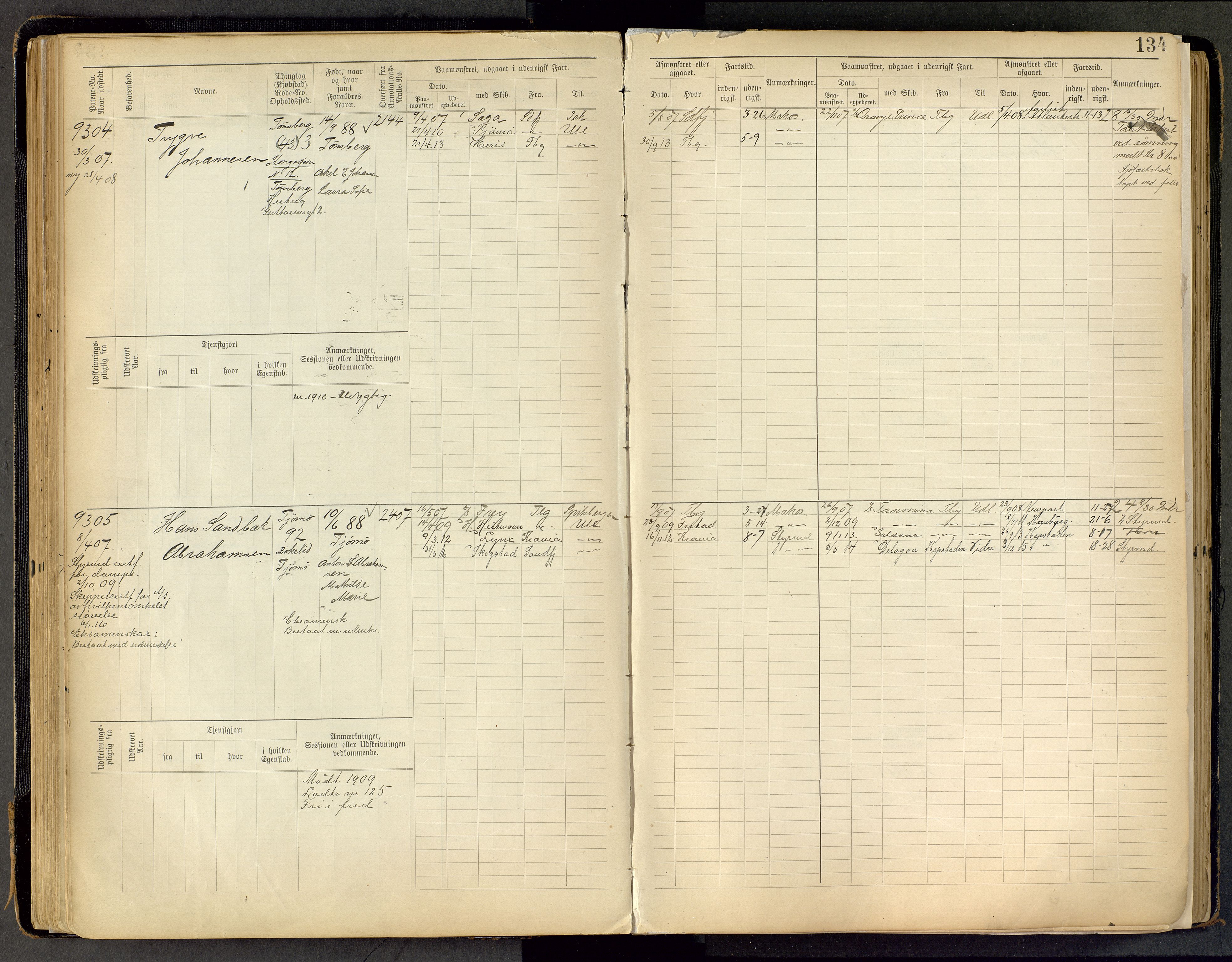 Tønsberg innrulleringskontor, AV/SAKO-A-786/F/Fc/Fca/L0011: Hovedrulle Patent nr. 9038-9992, 1900-1912, p. 134