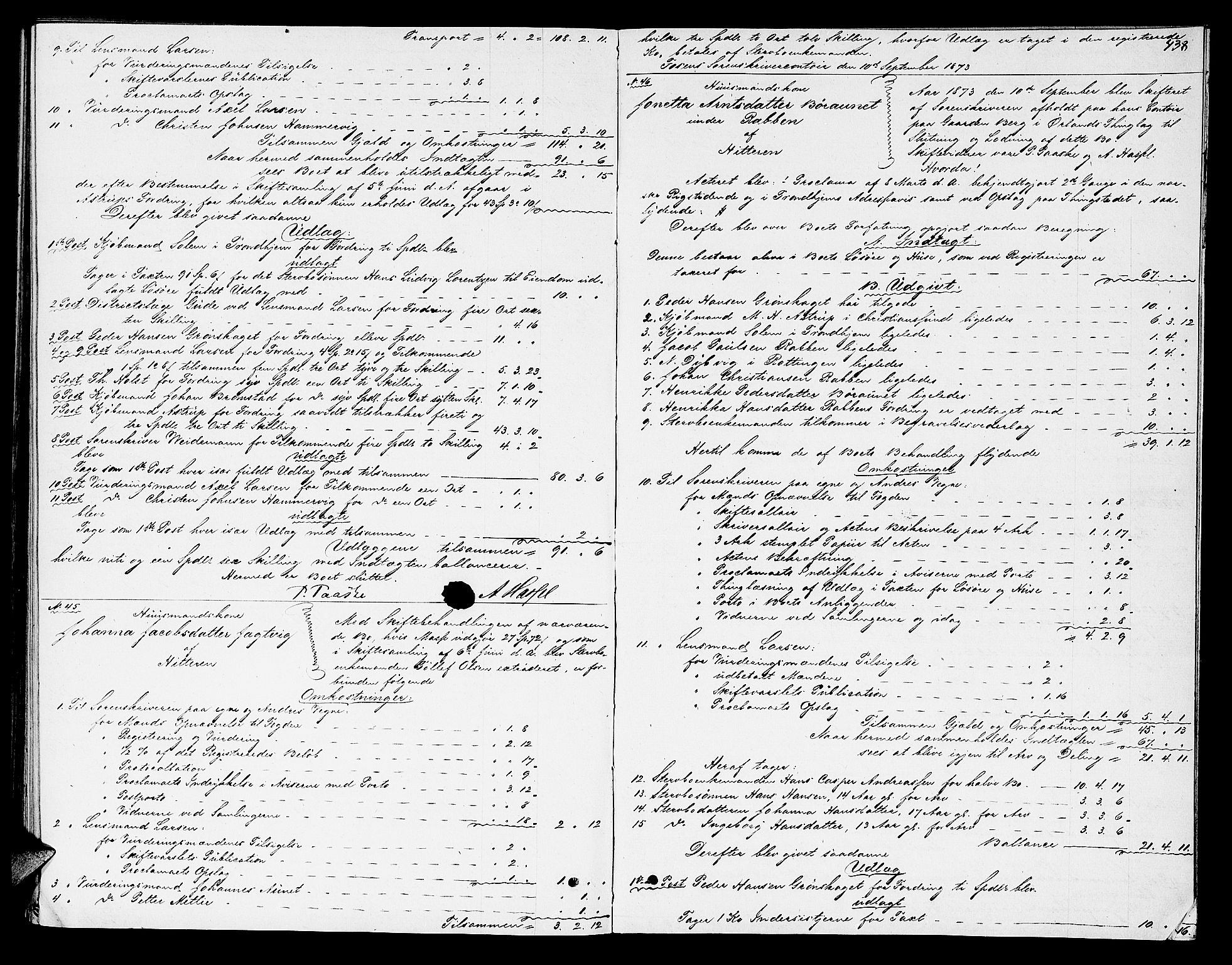 Fosen sorenskriveri, AV/SAT-A-1107/1/3/3A/L0025: Skifteutlodningsprotokoll nr. 4, 1867-1874, p. 438
