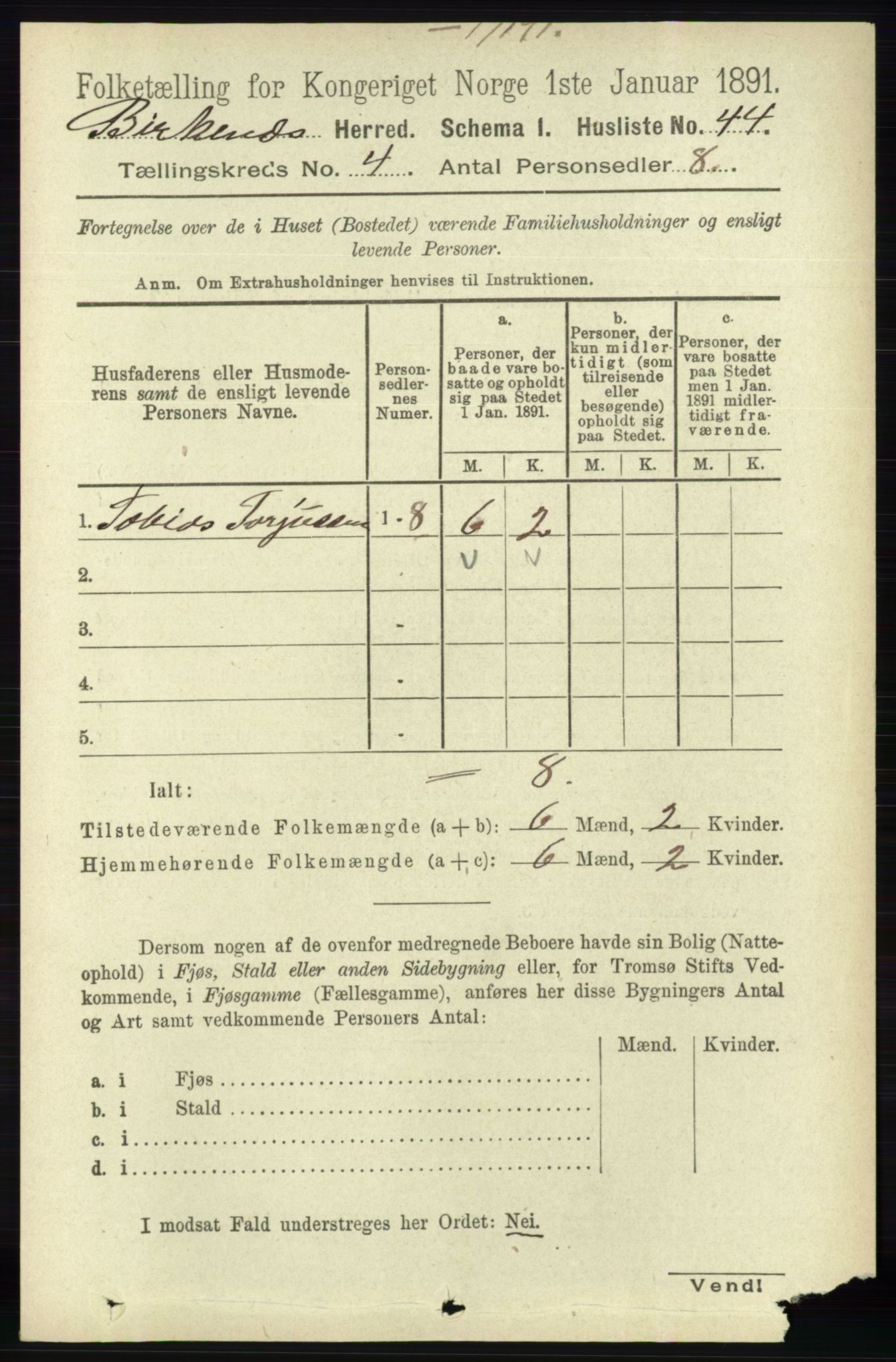 RA, 1891 Census for 0928 Birkenes, 1891, p. 1245