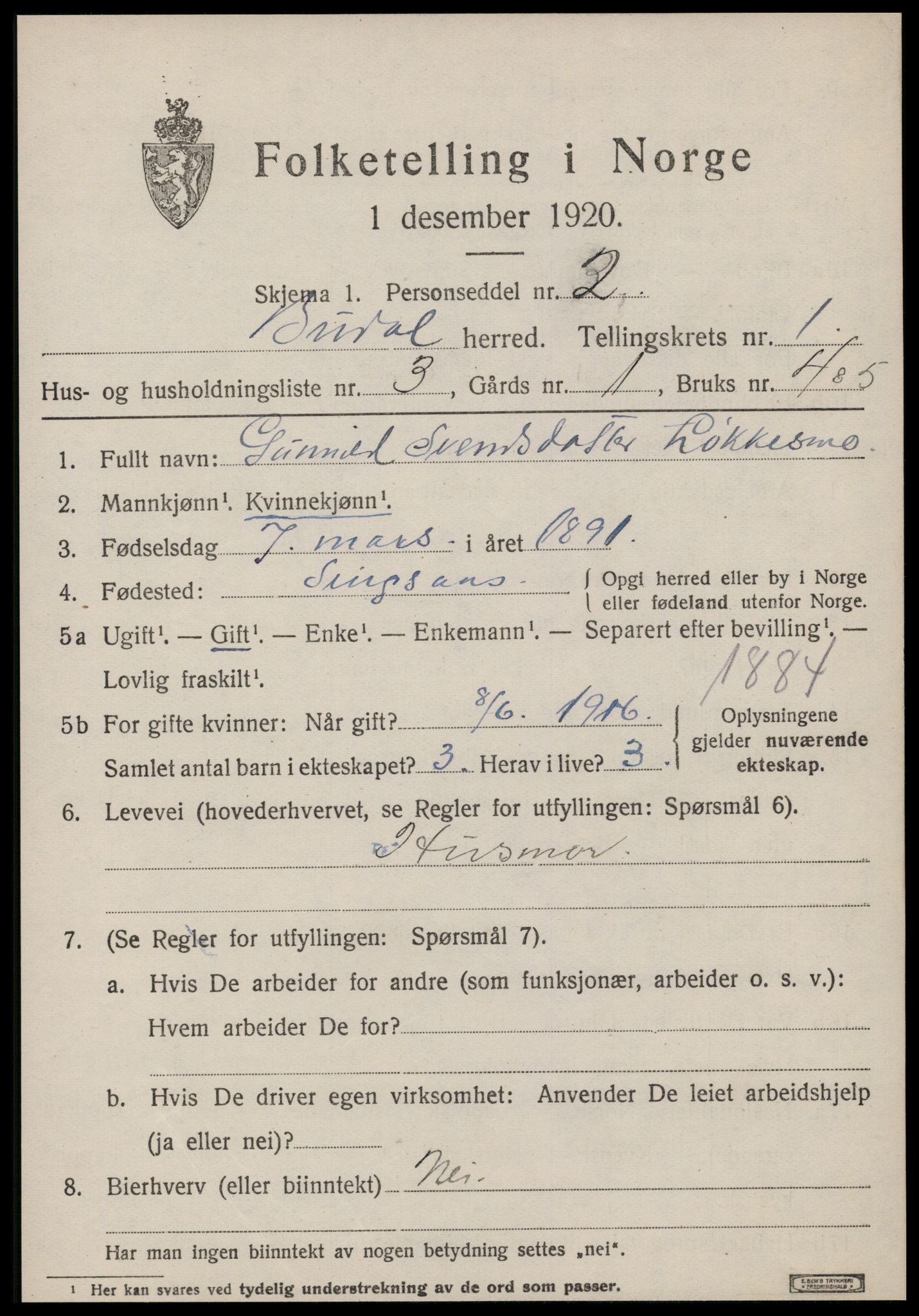 SAT, 1920 census for Budal, 1920, p. 234