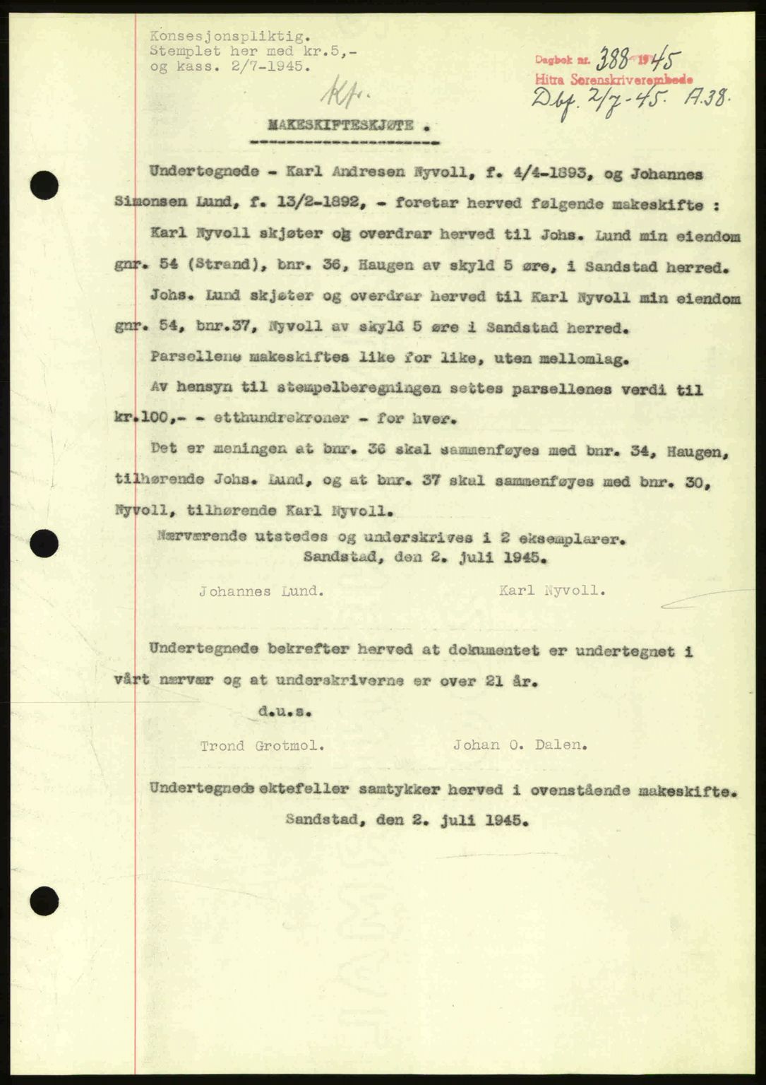 Hitra sorenskriveri, AV/SAT-A-0018/2/2C/2Ca: Mortgage book no. A2, 1943-1945, Diary no: : 388/1945