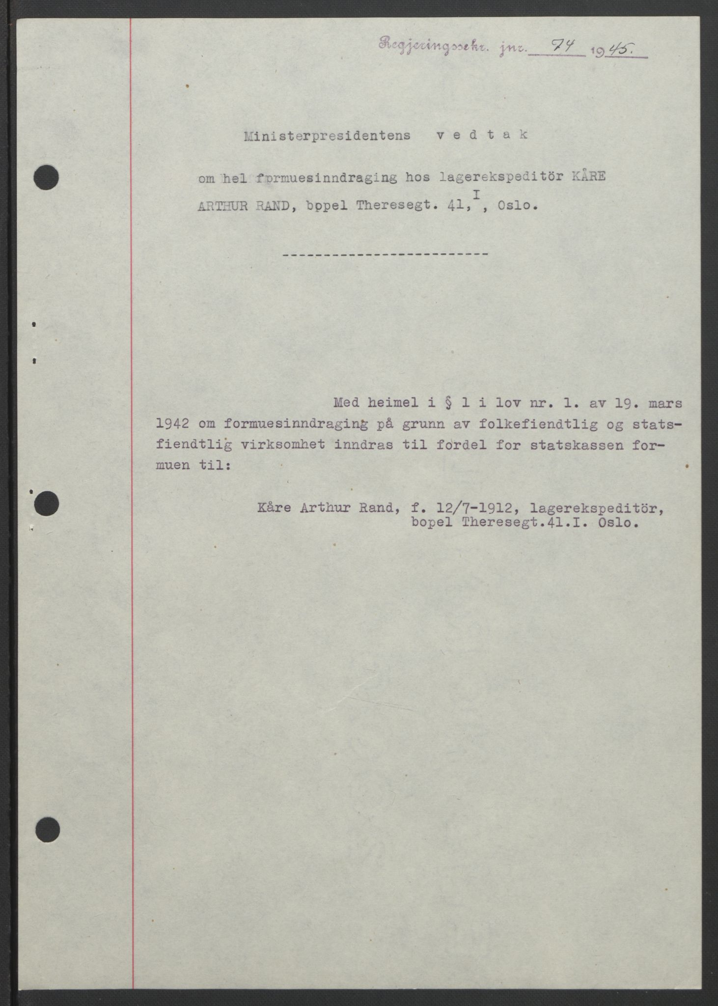 NS-administrasjonen 1940-1945 (Statsrådsekretariatet, de kommisariske statsråder mm), AV/RA-S-4279/D/Db/L0111/0003: Saker fra krigsårene / Journal, 1940-1945, p. 440