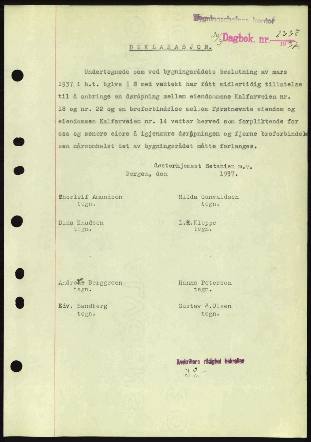 Byfogd og Byskriver i Bergen, SAB/A-3401/03/03Bc/L0004: Mortgage book no. A3-4, 1936-1937, Diary no: : 2338/1937