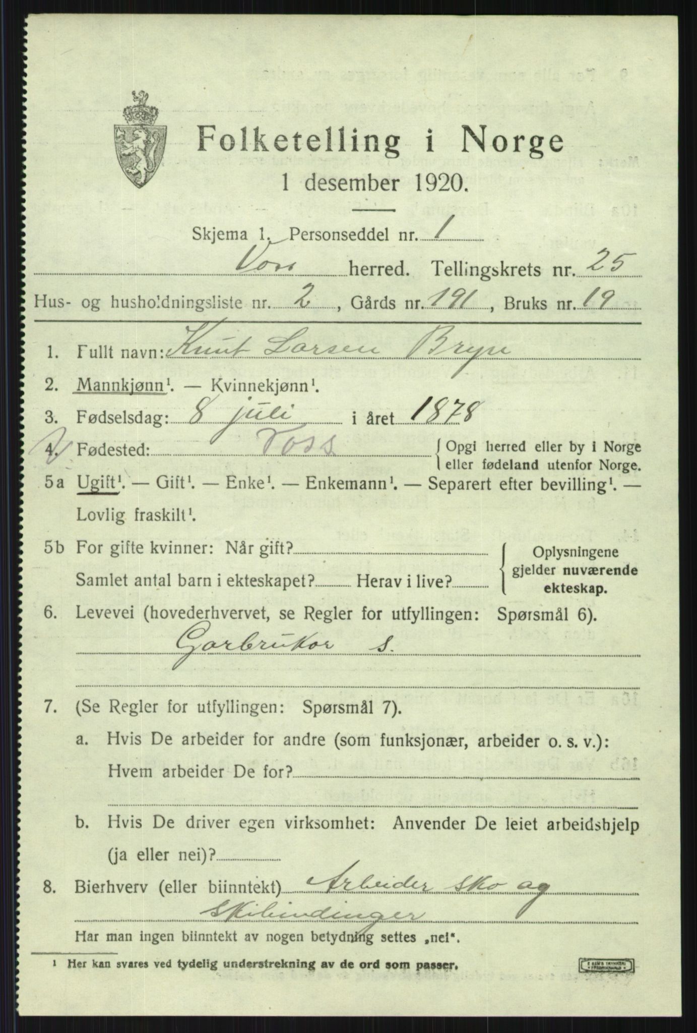 SAB, 1920 census for Voss, 1920, p. 16685