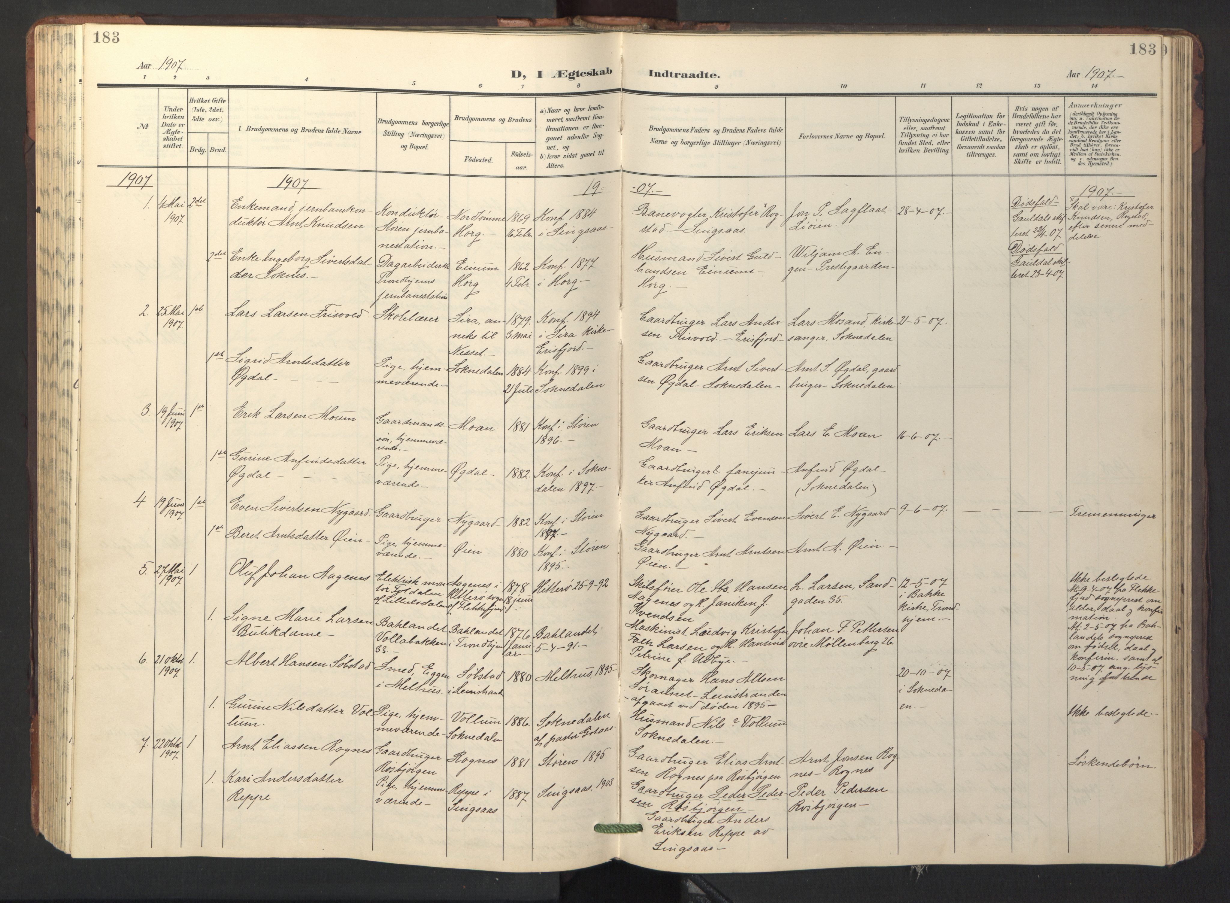 Ministerialprotokoller, klokkerbøker og fødselsregistre - Sør-Trøndelag, SAT/A-1456/687/L1019: Parish register (copy) no. 687C03, 1904-1931, p. 183