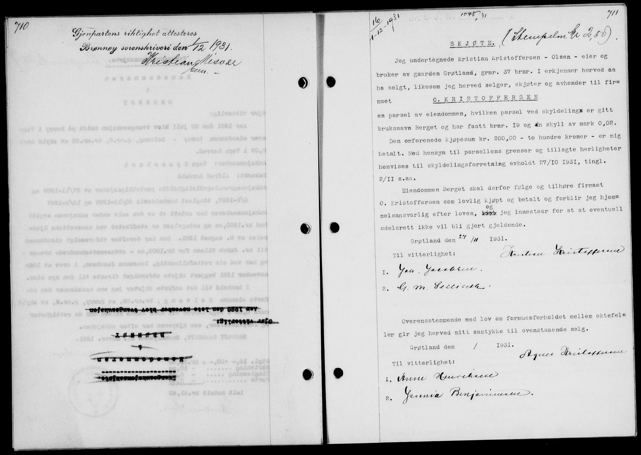 Brønnøy sorenskriveri, SAT/A-4170/1/2/2C/L0009: Mortgage book no. 9, 1931-1932, p. 710-711, Deed date: 01.12.1931