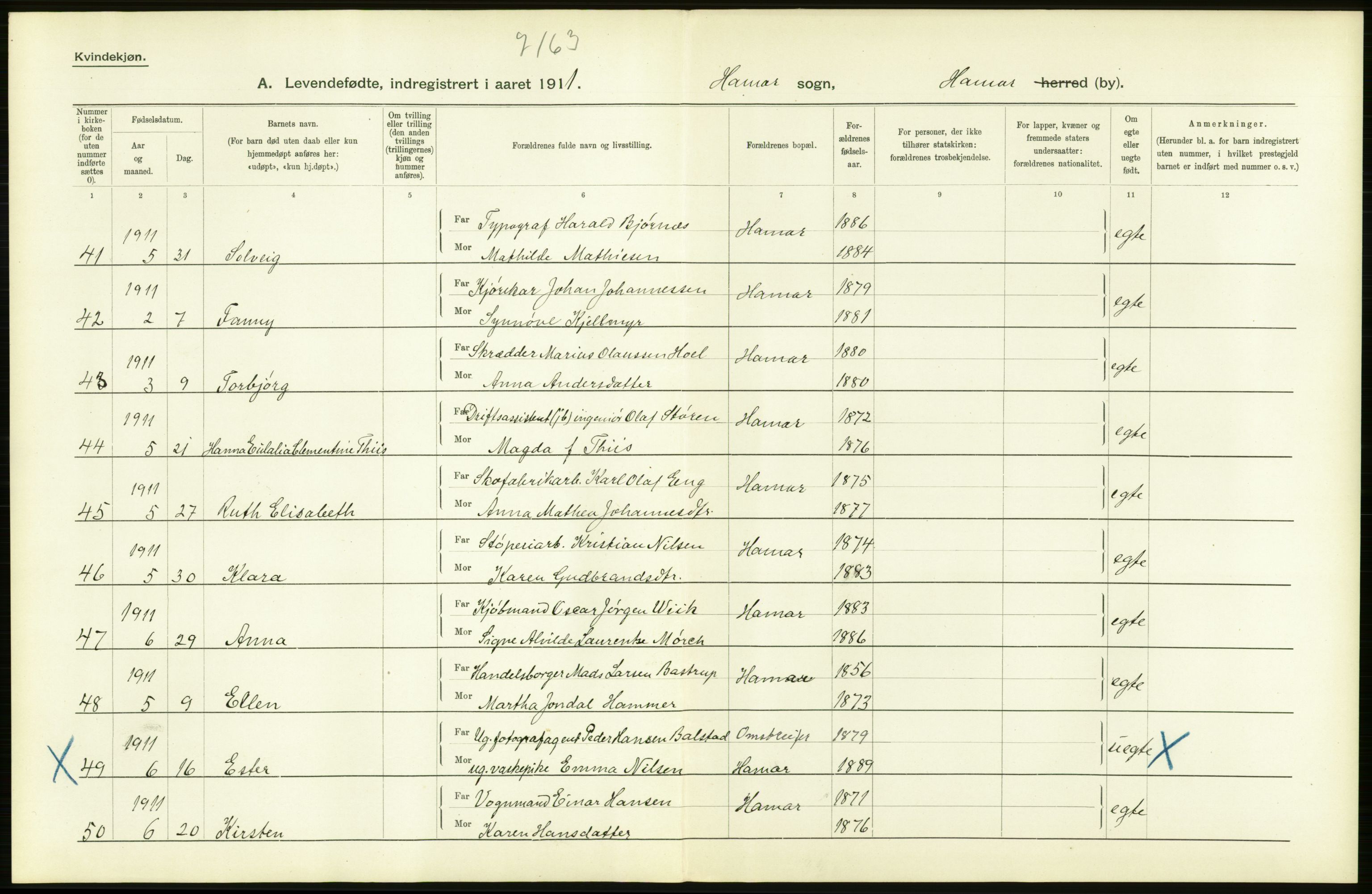 Statistisk sentralbyrå, Sosiodemografiske emner, Befolkning, AV/RA-S-2228/D/Df/Dfb/Dfba/L0011: Hedemarkens amt: Levendefødte menn og kvinner. Bygder og byer., 1911, p. 28