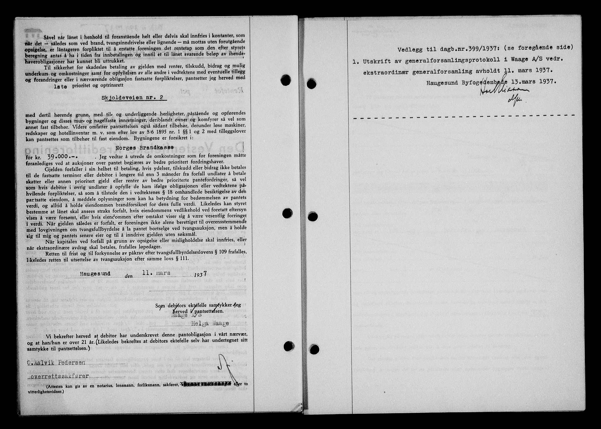 Haugesund tingrett, AV/SAST-A-101415/01/II/IIC/L0031: Mortgage book no. 31, 1936-1938, Diary no: : 399/1937