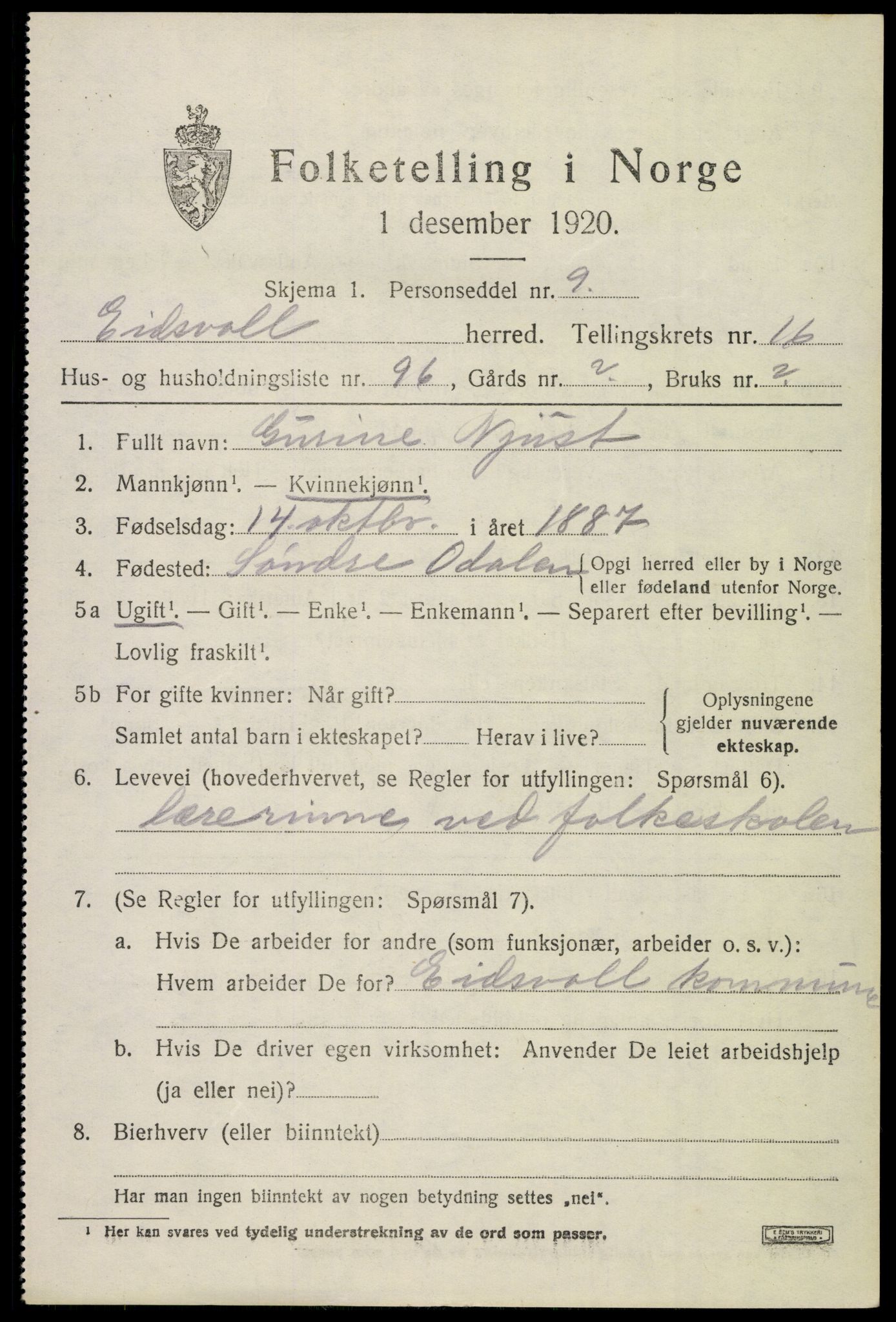 SAO, 1920 census for Eidsvoll, 1920, p. 23605