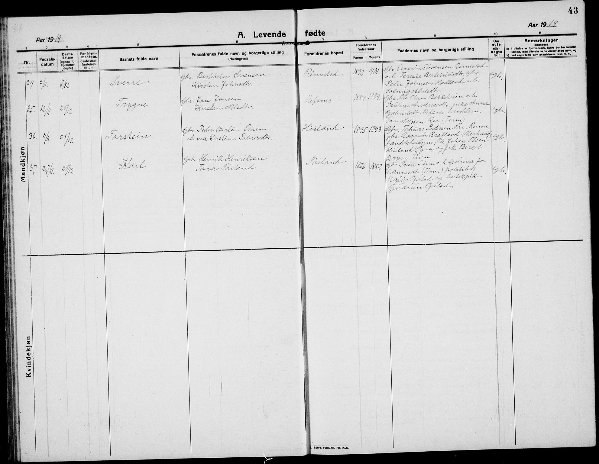 Hå sokneprestkontor, AV/SAST-A-101801/001/30BB/L0007: Parish register (copy) no. B 7, 1912-1939, p. 43