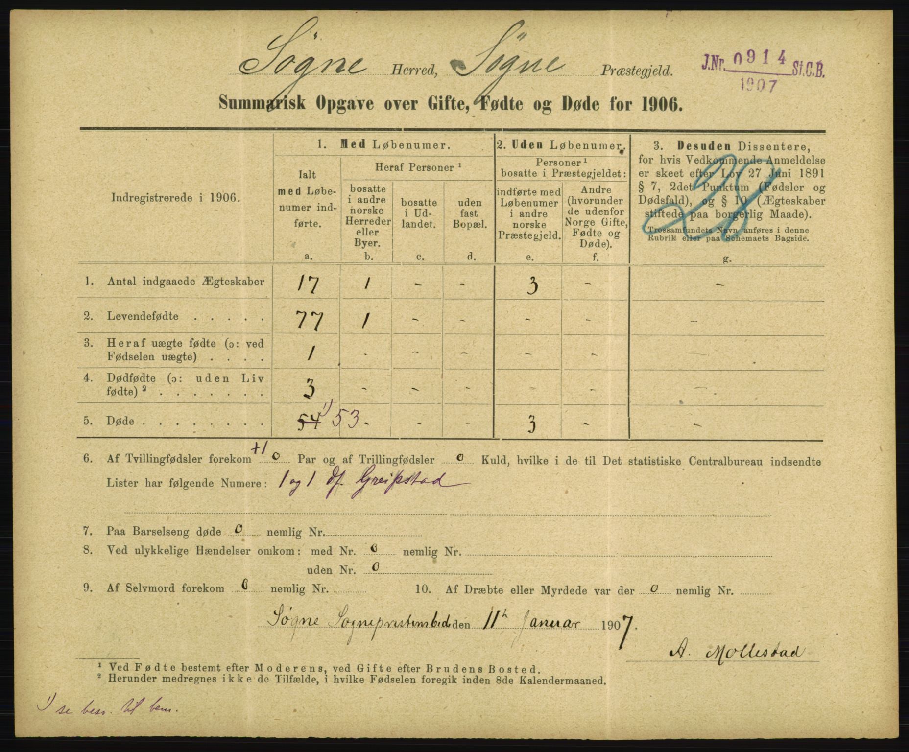 Statistisk sentralbyrå, Sosiodemografiske emner, Befolkning, RA/S-2228/D/Df/Dfa/Dfad/L0050: Summariske oppgaver over gifte, fødte, døde. Bygder., 1906, p. 465