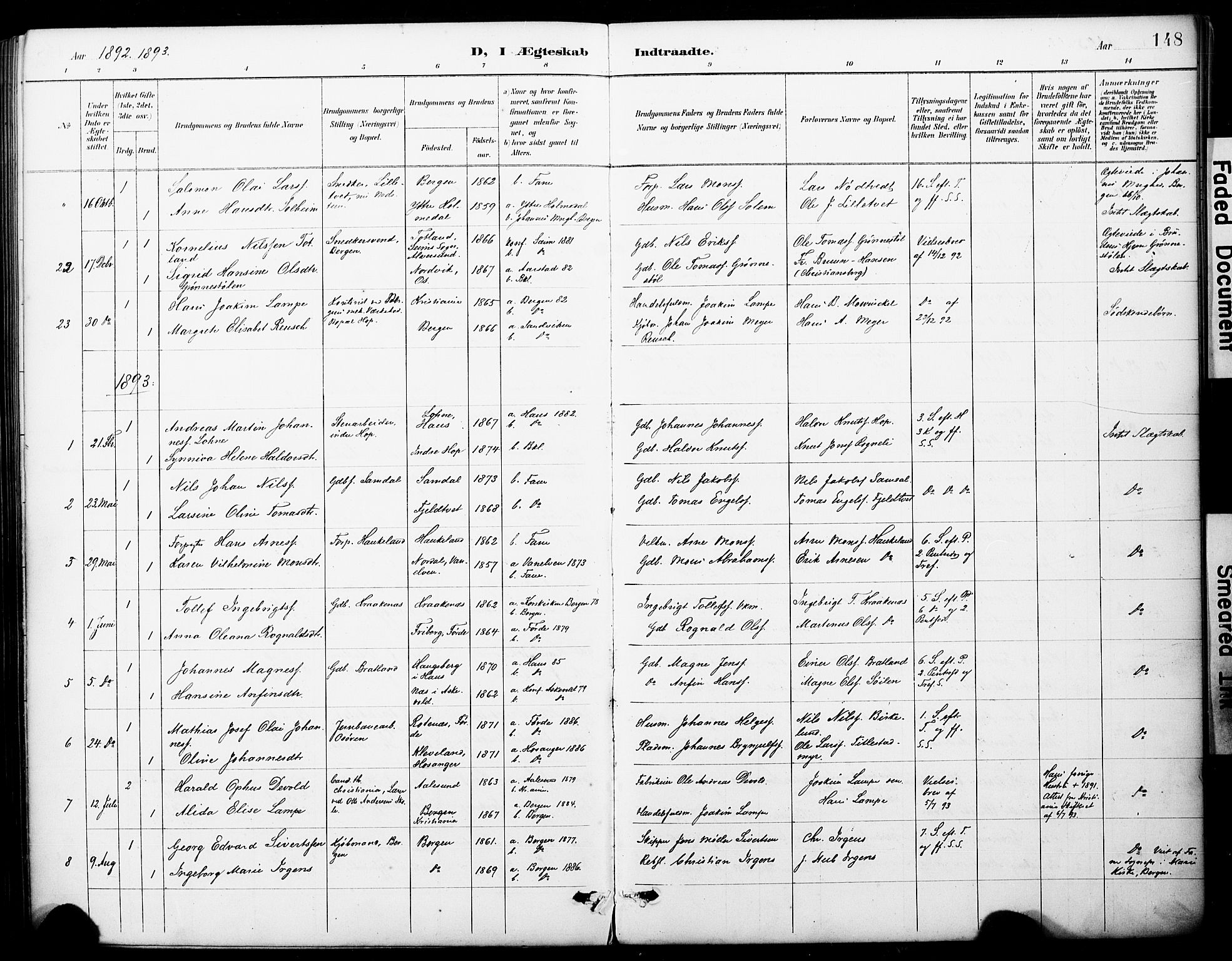 Fana Sokneprestembete, SAB/A-75101/H/Haa/Haai/L0002: Parish register (official) no. I 2, 1888-1899, p. 148