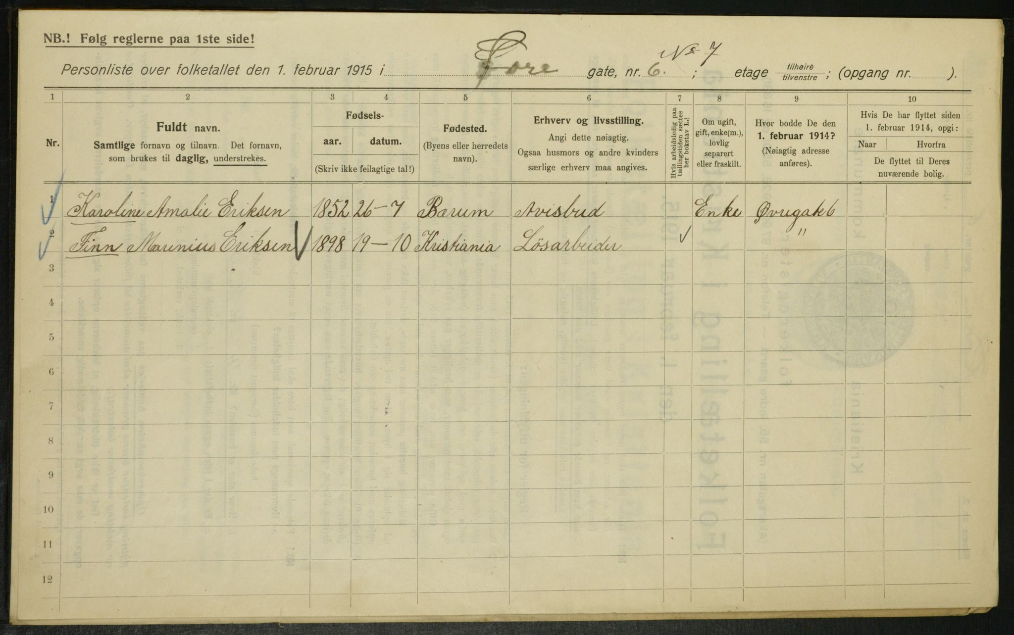 OBA, Municipal Census 1915 for Kristiania, 1915, p. 130459