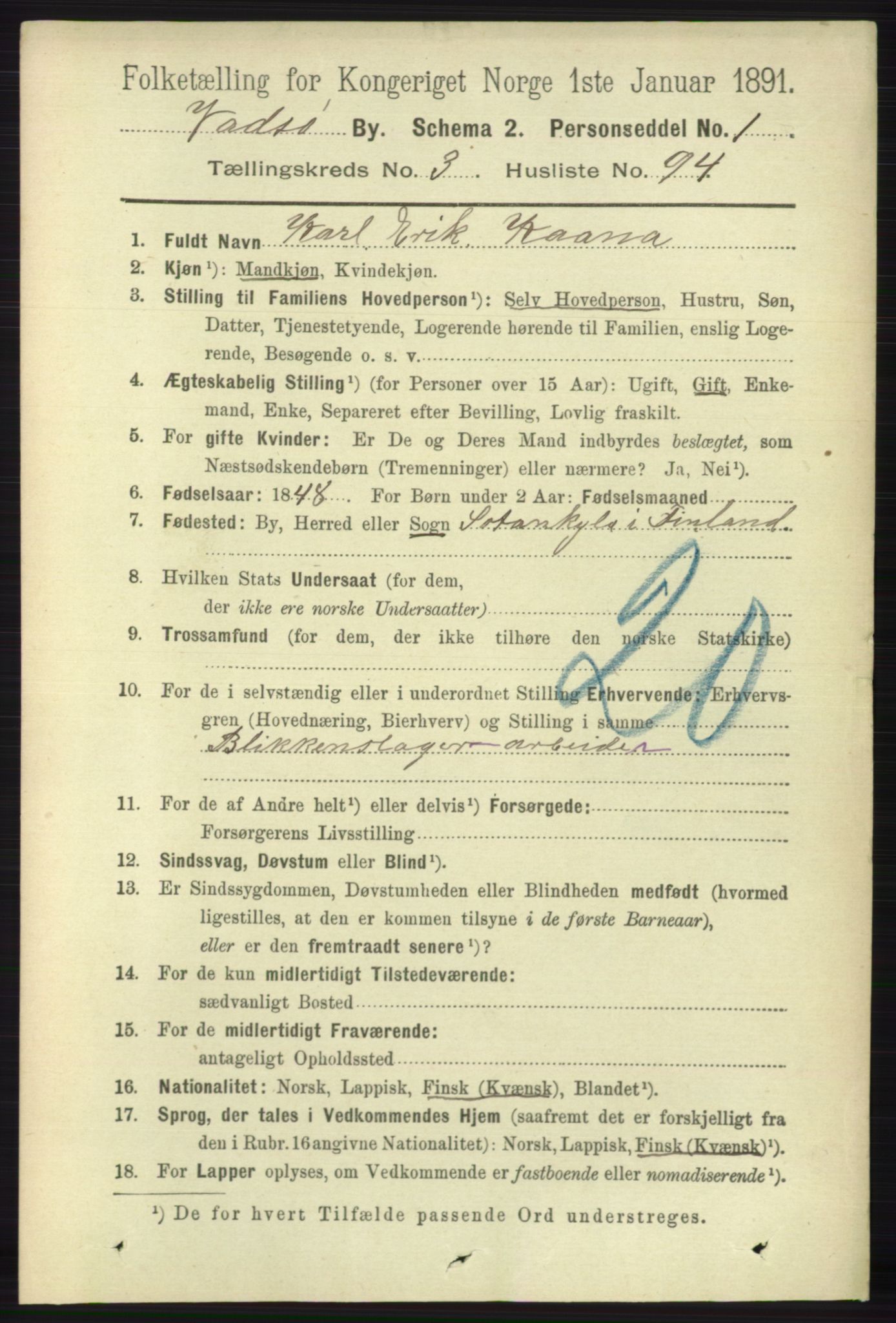 RA, 1891 census for 2003 Vadsø, 1891, p. 2344