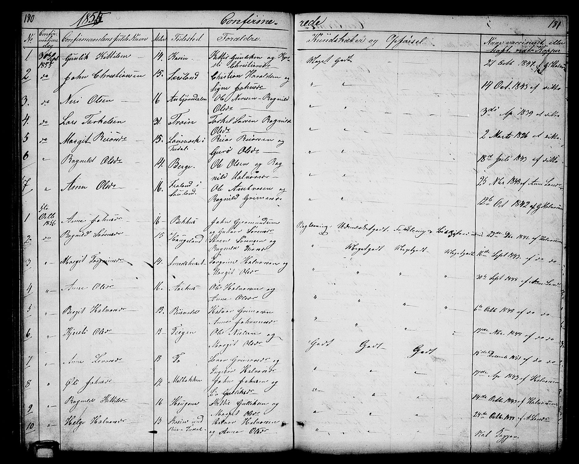 Hjartdal kirkebøker, SAKO/A-270/G/Ga/L0002: Parish register (copy) no. I 2, 1854-1888, p. 180-181