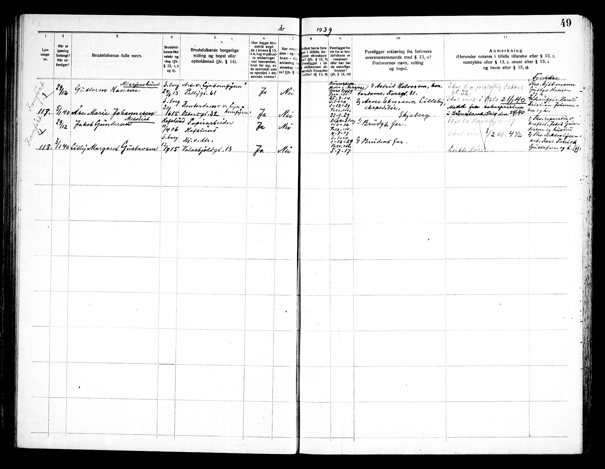 Sarpsborg prestekontor Kirkebøker, SAO/A-2006/H/Ha/L0004: Banns register no. 4, 1935-1947, p. 49