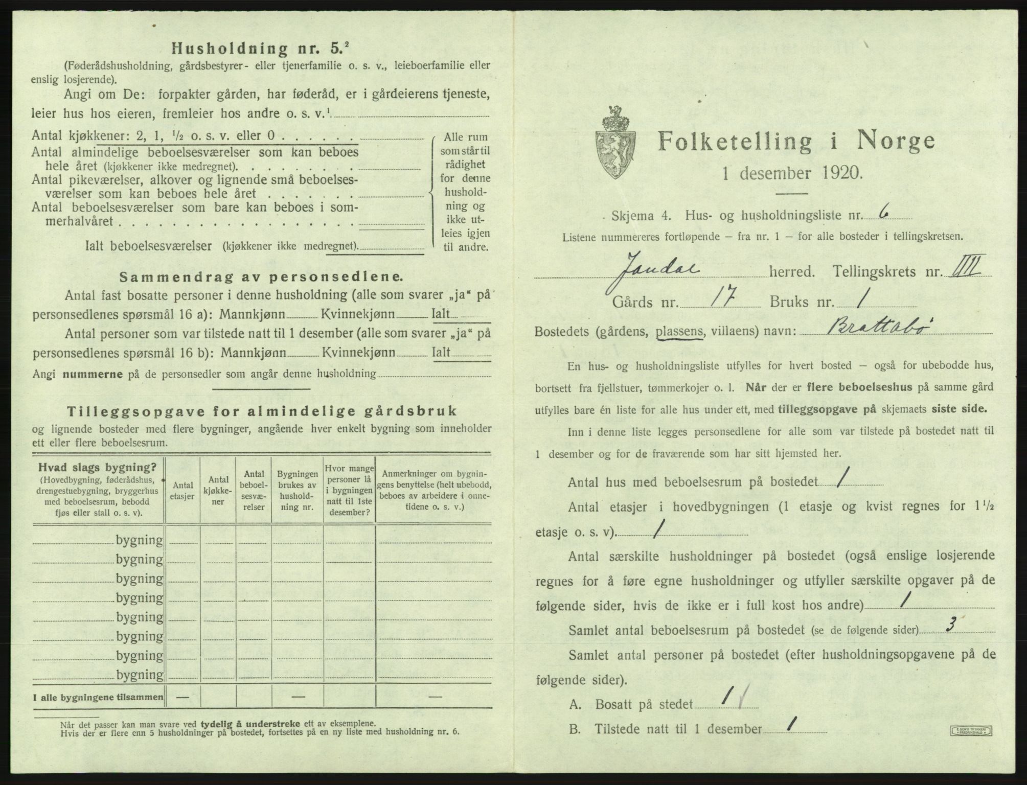 SAB, 1920 census for Jondal, 1920, p. 312