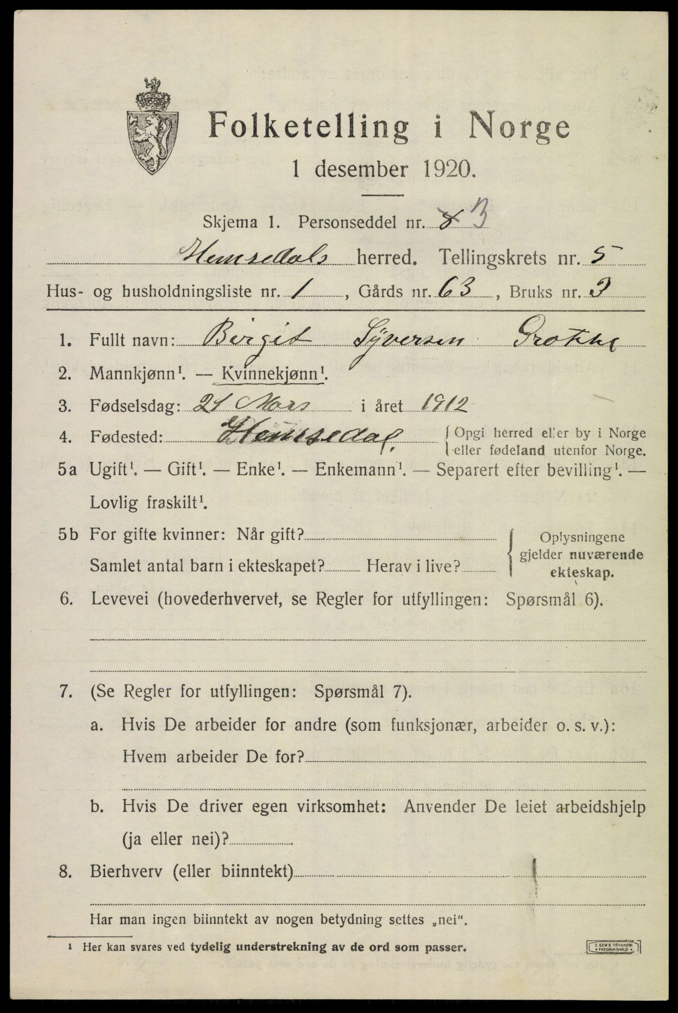 SAKO, 1920 census for Hemsedal, 1920, p. 1744