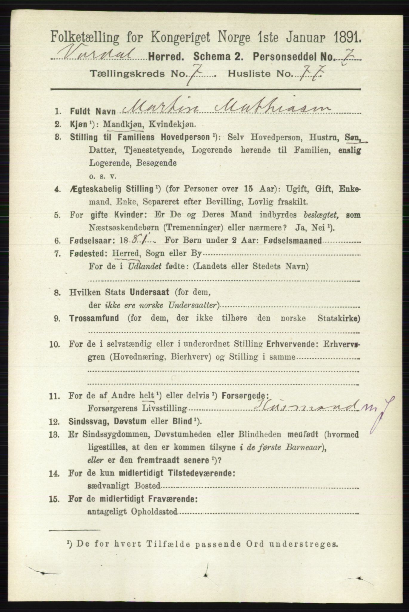 RA, 1891 census for 0527 Vardal, 1891, p. 3525