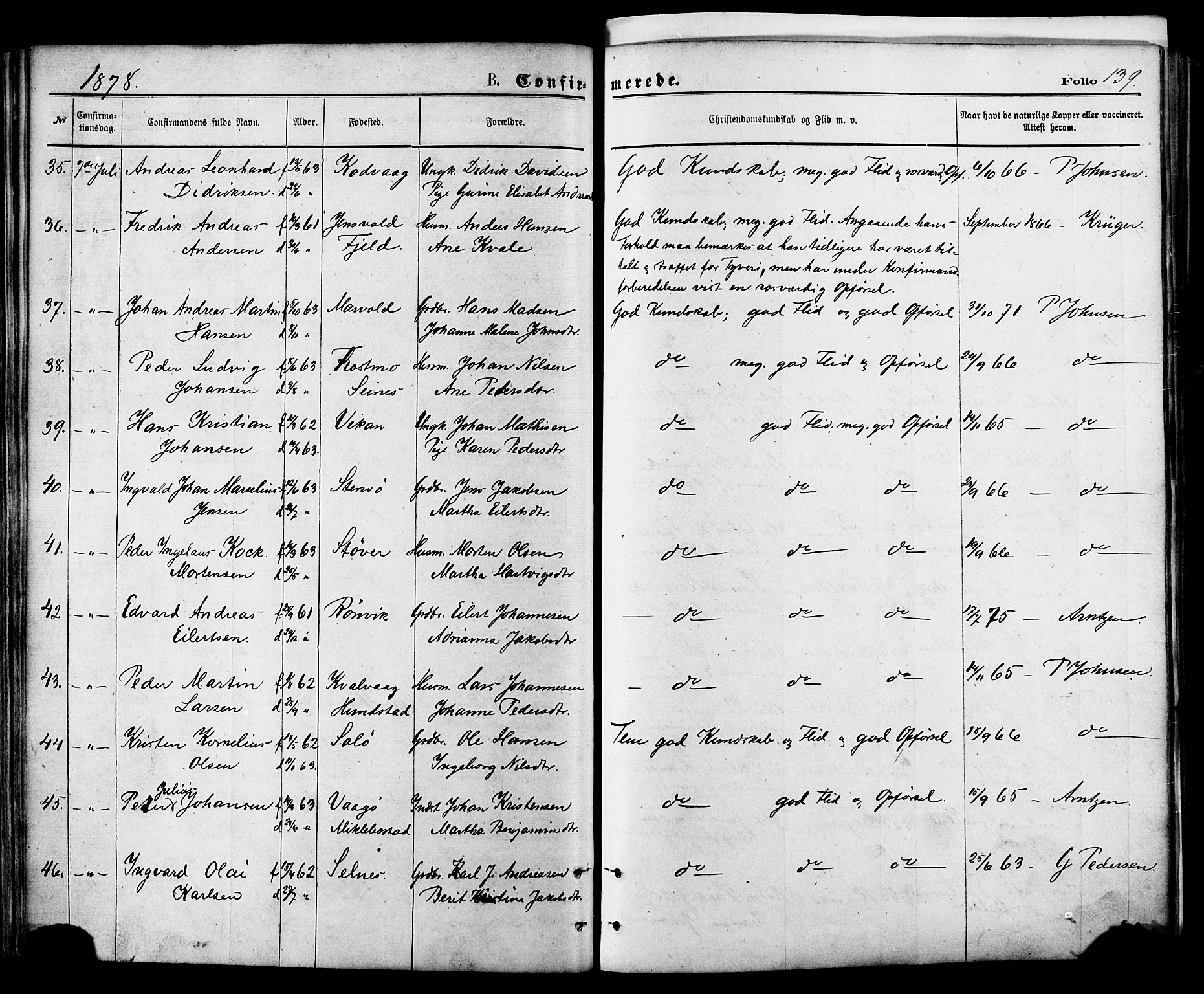 Ministerialprotokoller, klokkerbøker og fødselsregistre - Nordland, SAT/A-1459/801/L0009: Parish register (official) no. 801A09, 1876-1883, p. 139