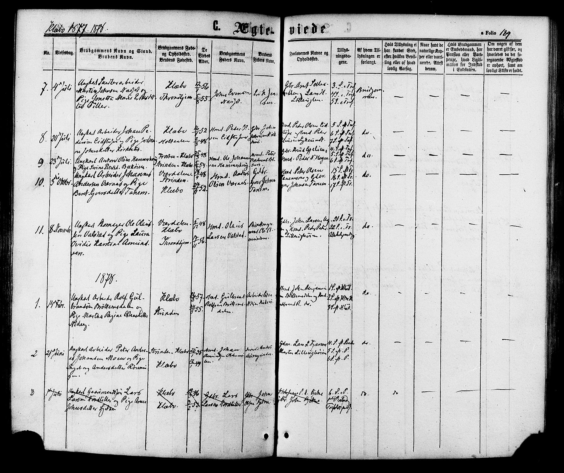 Ministerialprotokoller, klokkerbøker og fødselsregistre - Sør-Trøndelag, SAT/A-1456/618/L0442: Parish register (official) no. 618A06 /1, 1863-1879, p. 189