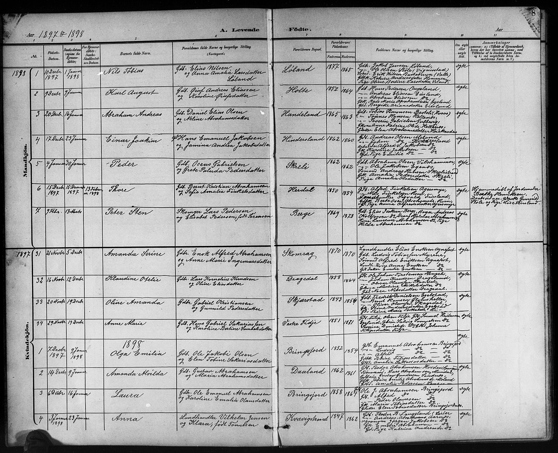 Lyngdal sokneprestkontor, AV/SAK-1111-0029/F/Fb/Fbc/L0005: Parish register (copy) no. B 5, 1897-1913, p. 8