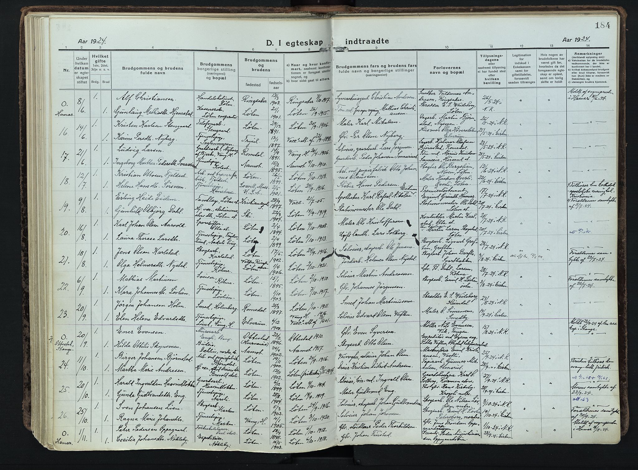 Løten prestekontor, SAH/PREST-022/K/Ka/L0012: Parish register (official) no. 12, 1918-1926, p. 184