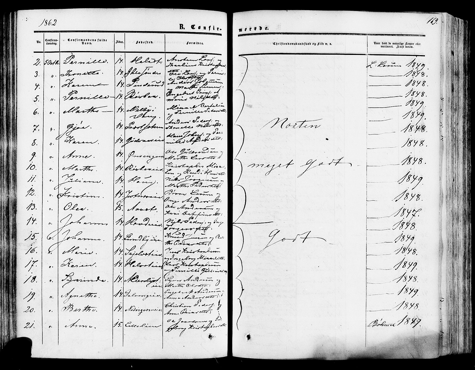 Vang prestekontor, Hedmark, SAH/PREST-008/H/Ha/Haa/L0013: Parish register (official) no. 13, 1855-1879, p. 169