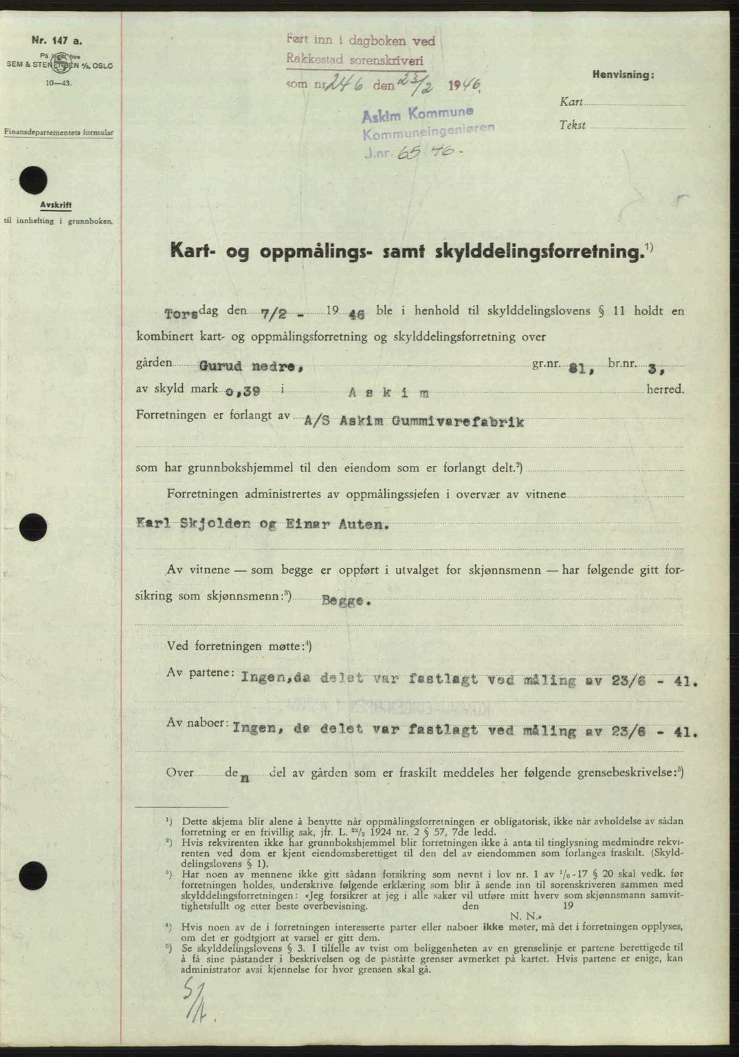 Rakkestad sorenskriveri, AV/SAO-A-10686/G/Gb/Gba/Gbab/L0012a: Mortgage book no. A12 I, 1945-1946, Diary no: : 246/1946