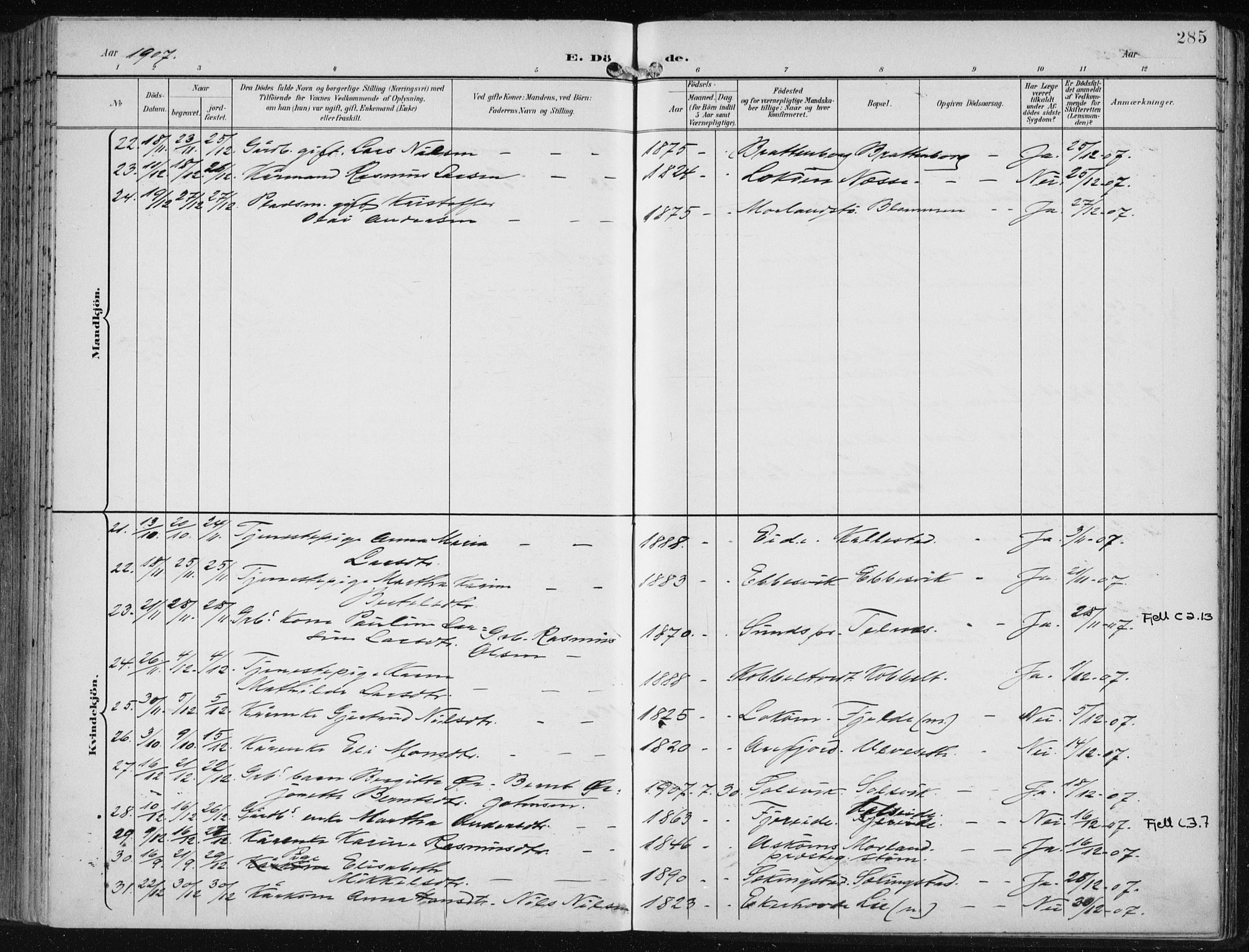 Fjell sokneprestembete, SAB/A-75301/H/Haa: Parish register (official) no. A  9, 1899-1910, p. 285