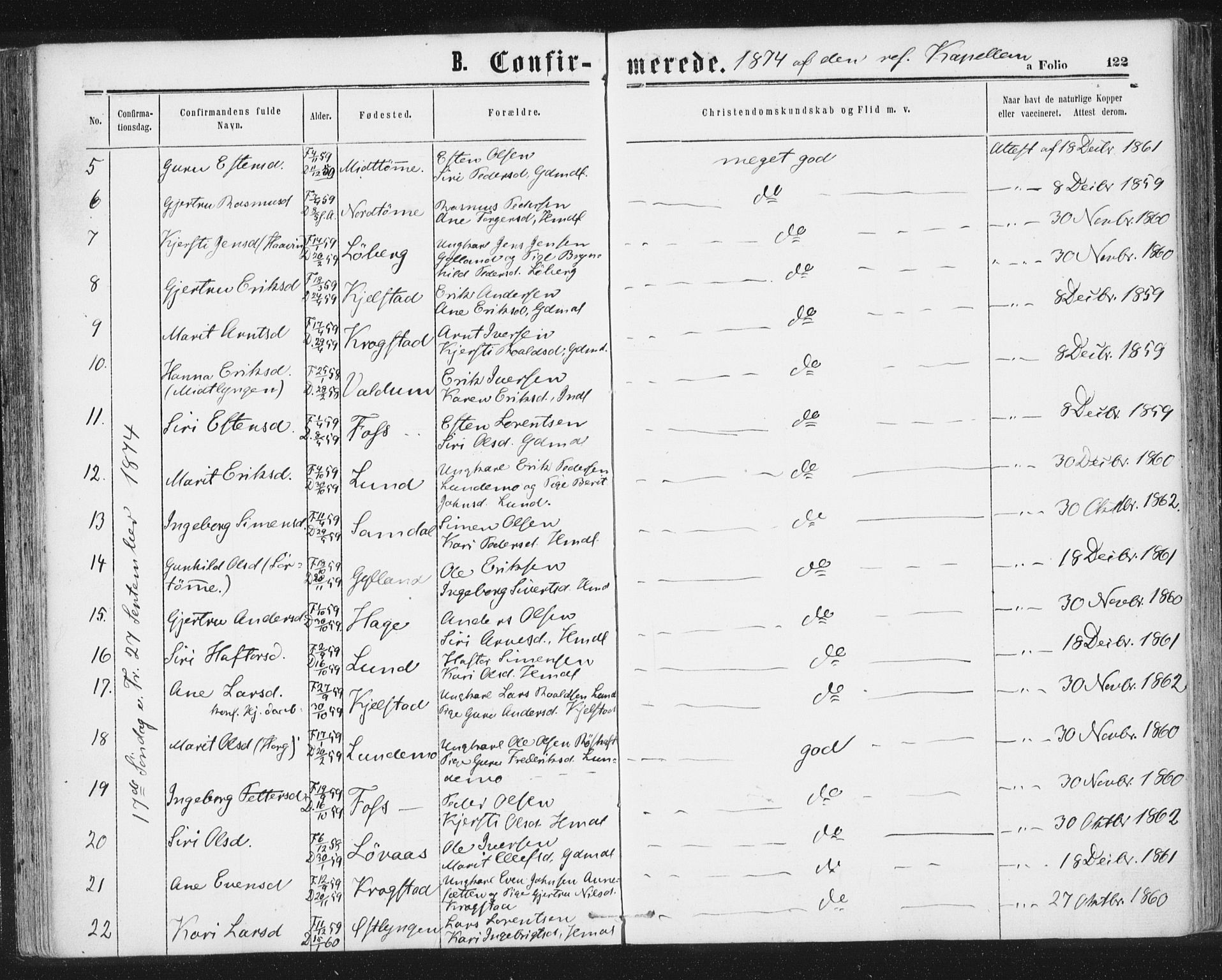 Ministerialprotokoller, klokkerbøker og fødselsregistre - Sør-Trøndelag, SAT/A-1456/692/L1104: Parish register (official) no. 692A04, 1862-1878, p. 122