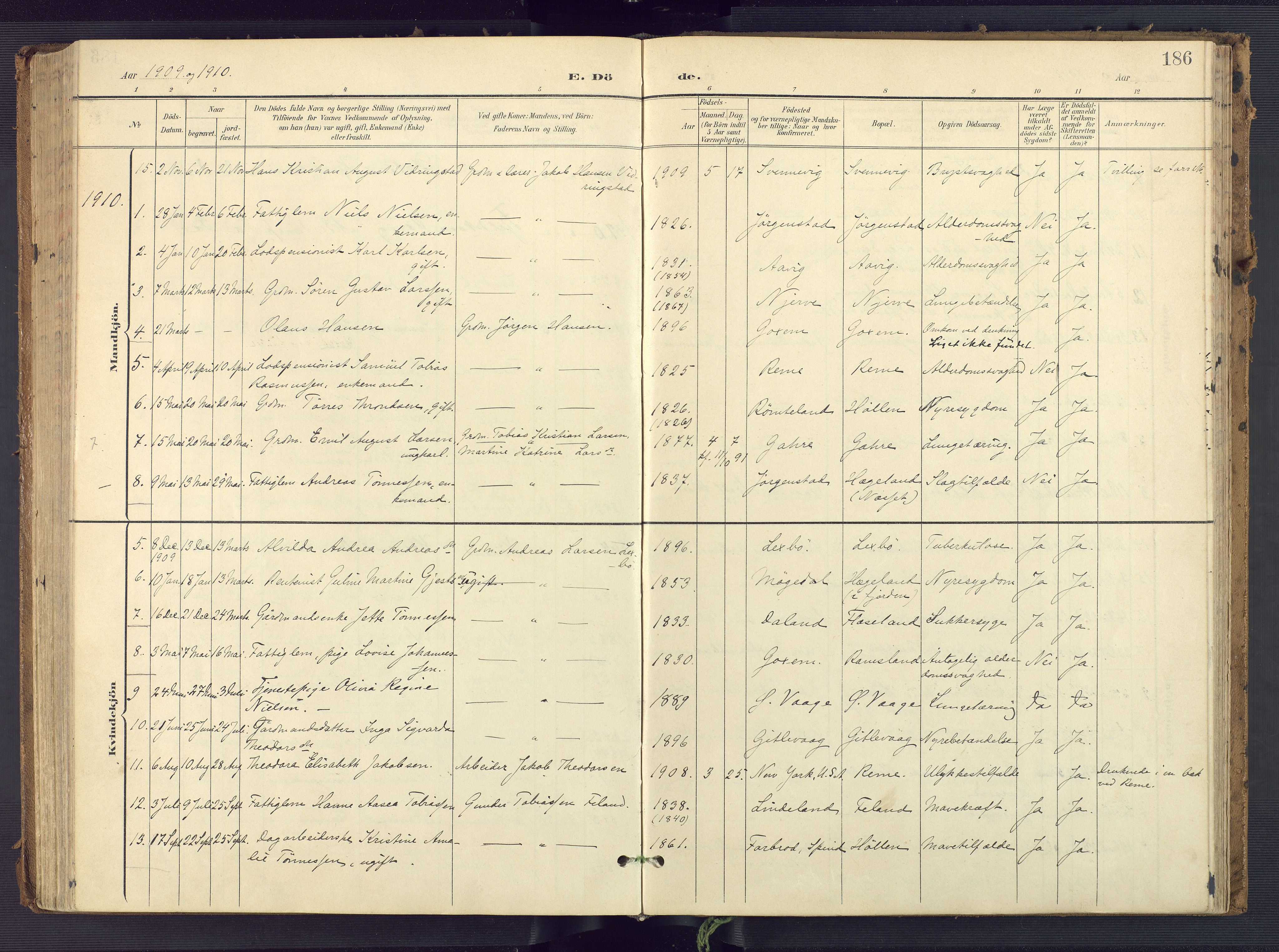 Sør-Audnedal sokneprestkontor, SAK/1111-0039/F/Fa/Faa/L0005: Parish register (official) no. A 5, 1900-1923, p. 186