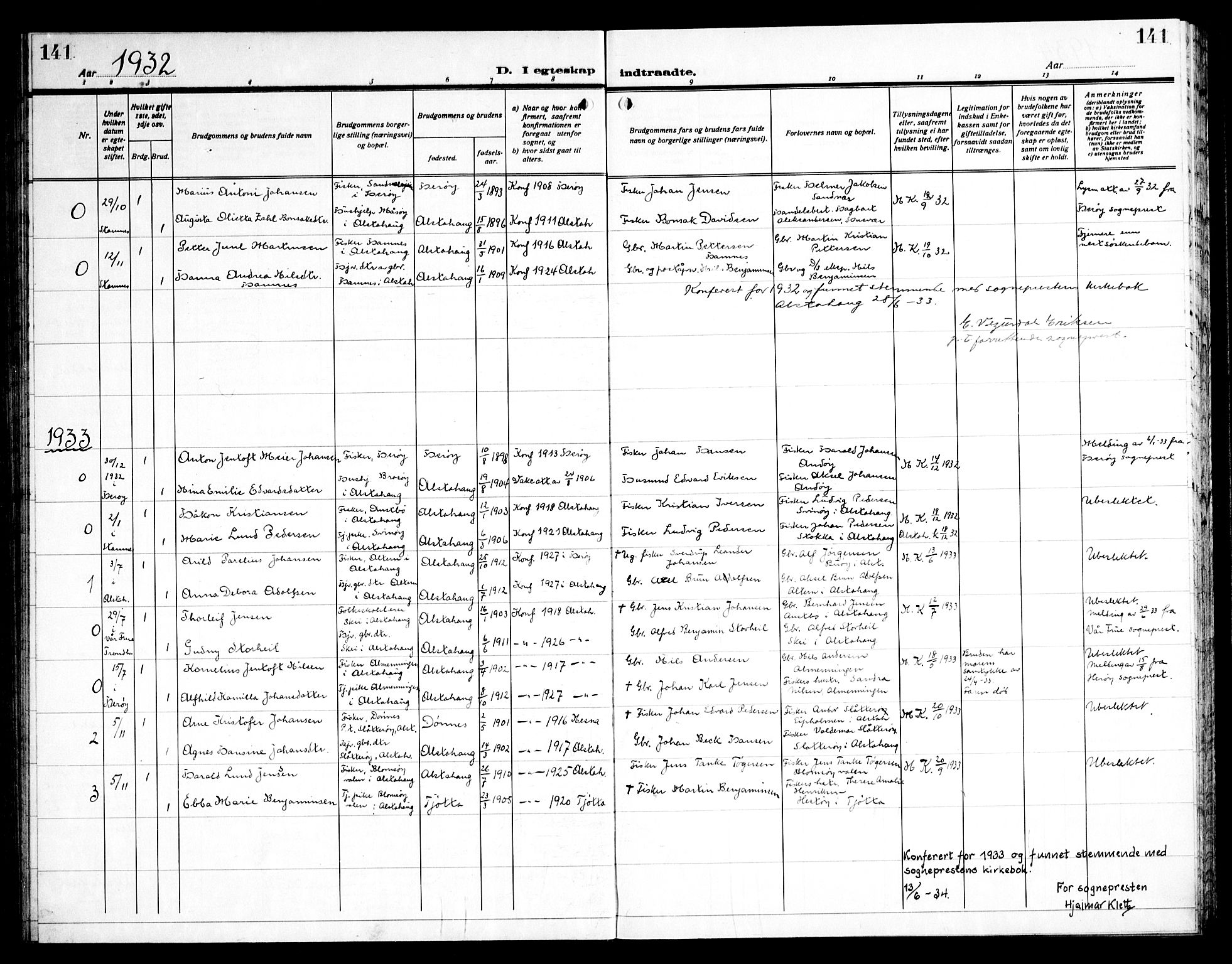 Ministerialprotokoller, klokkerbøker og fødselsregistre - Nordland, AV/SAT-A-1459/830/L0466: Parish register (copy) no. 830C08, 1920-1945, p. 141