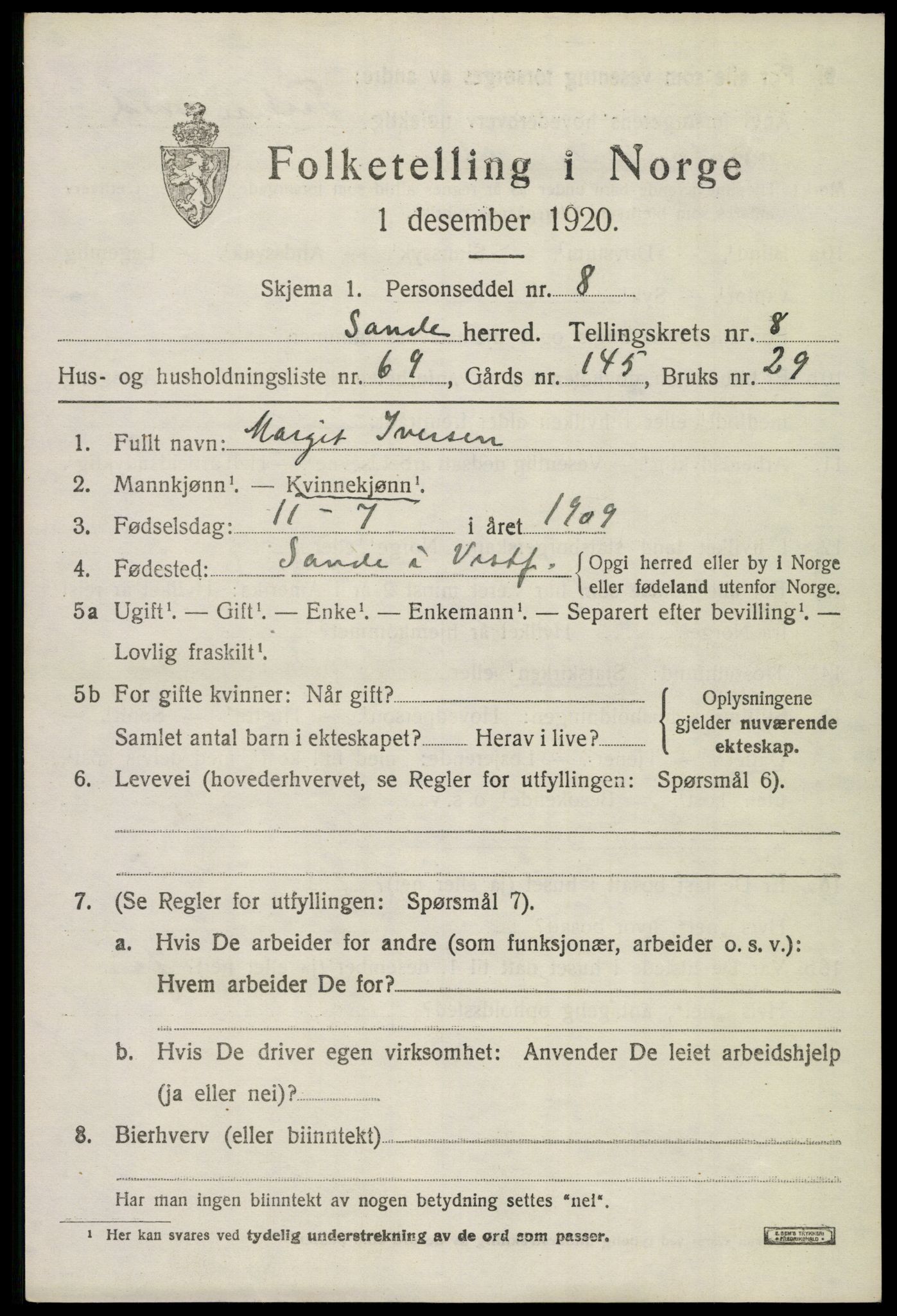 SAKO, 1920 census for Sande, 1920, p. 9798