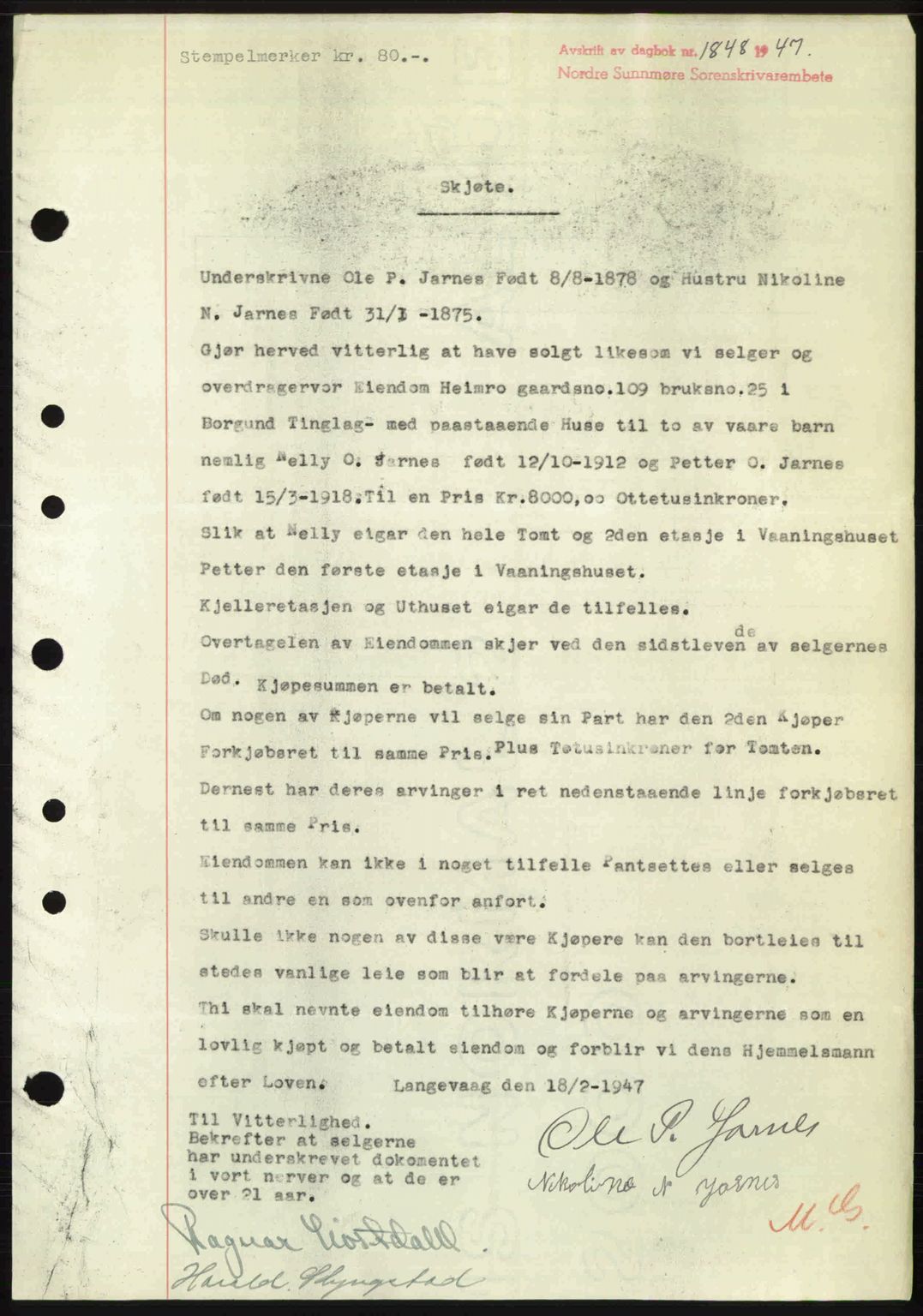 Nordre Sunnmøre sorenskriveri, AV/SAT-A-0006/1/2/2C/2Ca: Mortgage book no. A25, 1947-1947, Diary no: : 1848/1947